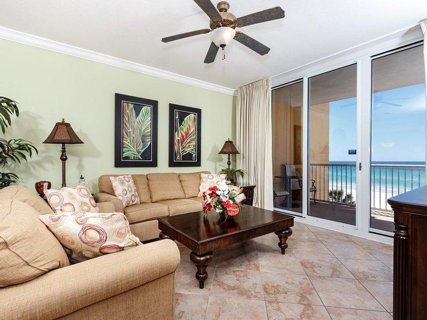 PRICE REDUCED TO SELL! Beautiful direct gulf front views from this very popular and spacious 4th floor 3 bedroom 3 bath beach front floorplan with master bedroom and living area opening up to a spacious balcony overlooking the beautiful white sands and Gulf Of Mexico. Fully furnished and equipped for turnkey rental program or second home along with granite countertops throughout; stainless steel appliances; crown molding and beautiful tiled floors in main areas. Relax on the beach, enjoy the 2 gulf front pools, 2 hot tubs or venture out to restaurants, shopping, grocery and entertainment located nearby. Azure offers a 2 gulf side pools; 2 hot tubs; fitness room; BBQ grills; community room; covered parking and over 500' of beach frontage. Come see for yourself. Azure and this condo with 4th floor location will not disappoint. See Documents for Upgrades List