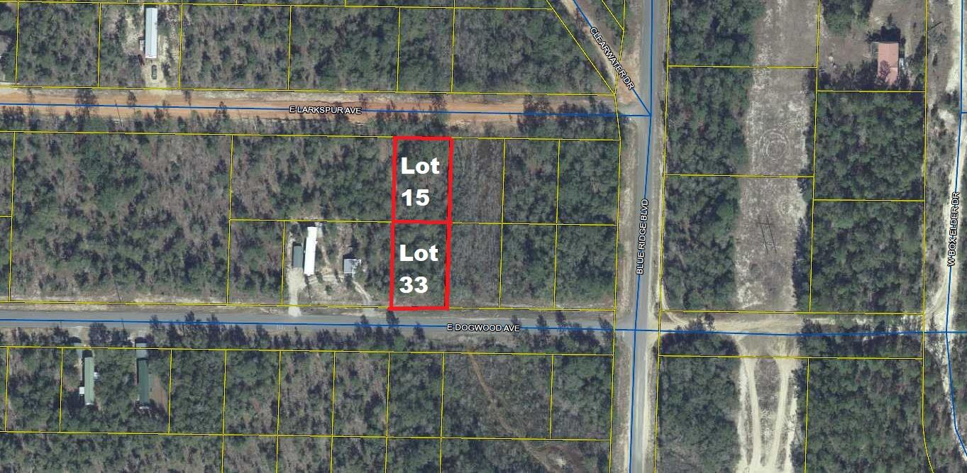2 apx. 1/4 acre adjoining ac lots on W Dogwood Ave. Lot 33 fronts Dogwood Ave.; Lot 15 runs behind lot 33 and fronts Larkspur (frontage on both roads). Great location in growing Mossy Head. Mobile/manufactured homes allowed. Public water is available through Mossy Head Water Works (tap fee not paid); Power available on street; Septic would be required.
