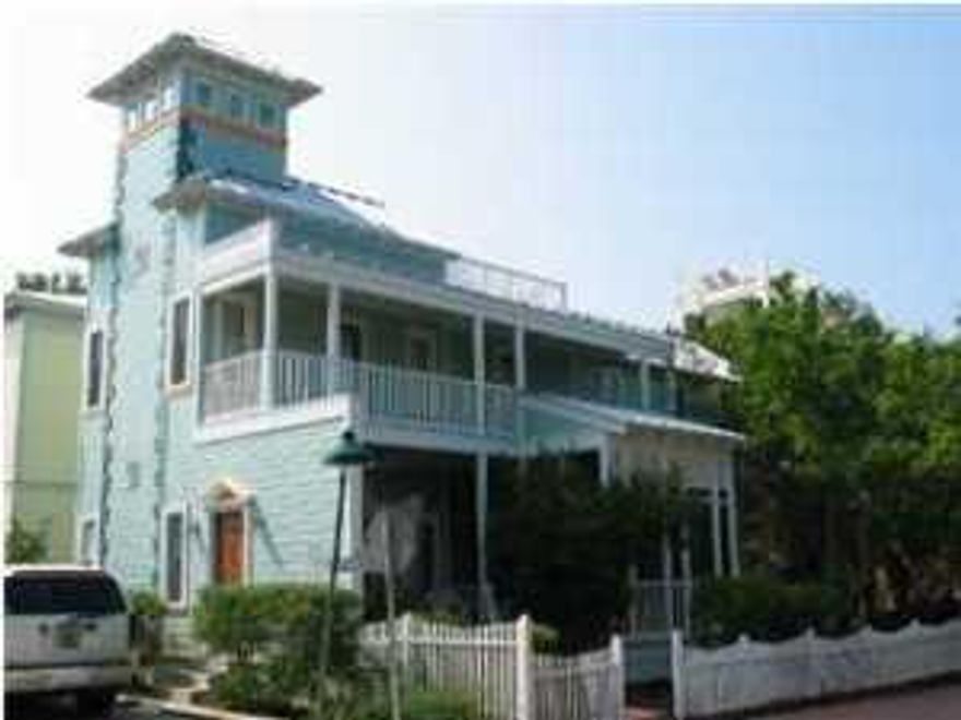 Situated on a quiet corner overlooking Forest Street Park, this cozy cottage offers private space for everyone! Rising three stories tall enjoy views of the town from the tower deck. Numerous shaded porches provide ample space for outdoor entertaining, dining, or just plain relaxing. On the first floor you'll find kitchen, living room with vaulted ceiling, dining, full bathroom and one bedroom with private porch. The second level offers the second bedroom, bunk room with two twin bunks, second full bath and mezzanine with view of the living area below. Keep climbing and you'll be rewarded with a private deck and sunset views. Snuggled among the trees next to the Di Bicci Park and overlooking the gorgeous SEASIDE chapel designed by Scott Merrill,