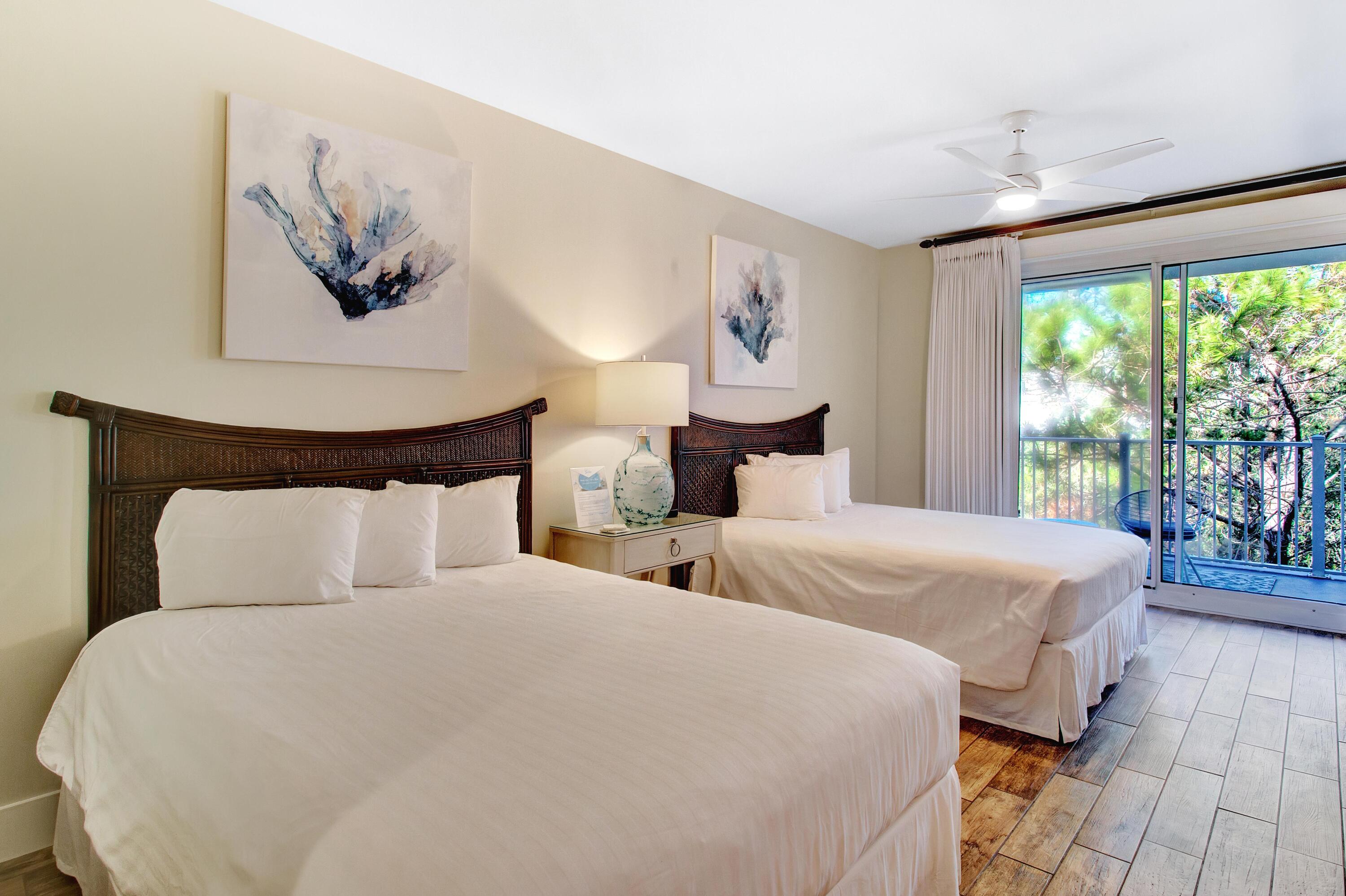 Fourth floor Lasata Studio with a peek a boo view of the bay. A perfect vacation getaway located in the heart of Sandestin! With beautiful wood-like tile throughout, an expanded breakfast bar with granite countertop, two queen sized beds, this updated studio also boasts new appliances in 2021. On Gibson Rental, this studio has a strong rental history and makes for an excellent investment opportunity. Enjoy a view of the serene landscape from your balcony while also being a short distance from all the restaurants, shopping, and entertainment the Village of Baytowne Wharf has to offer. Sandestin Golf and Beach Resort features more than seven miles of beaches and pristine bay front, four championship golf courses, 15 world-class tennis courts, a 226-slip marina, a fitness center, spa and celebrity chef dining. Shop, dine and play at the charming pedestrian village, The Village of Baytowne Wharf and more. Inside the gates of the resort, residents enjoy a balanced lifestyle of high-class living, spanning the 2,400 acres from the beach to the bay. Everything within the gates of the resort is accessible by golf cart or bicycle. The entire resort is interconnected by miles of pedestrian, bike and golf cart paths that weave through groves of live oaks, meandering past natural lagoons, fountains, man-made lakes, and meticulously landscaped fairways.
As an introduction to the Sandestin lifestyle, we invite our new owners to explore amenities that make Sandestin special. The listing brokerage and seller(s) are presenting the buyer(s) of this property with (2) 90-minute rounds of Tennis court time, a golf foursome at one of our three championship courses, and a round of golf for up to four (4) players at the unrivaled Burnt Pine Golf Club.