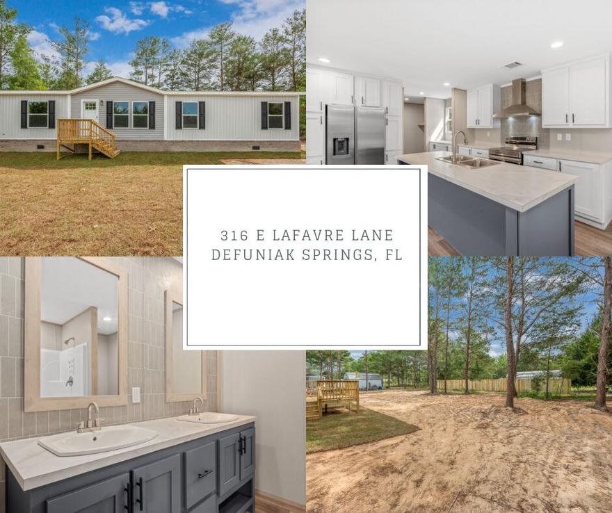 *Motivated Seller* Explore this beautiful brand-new home & be it's first occupant. It sits on 1/4 of an acre with access by county maintained road. Spacious & stylish with an open floor plan and split bedrooms. This home is ENERGY STAR RATED with upgraded insulation, OSB Wrap with House Wrap, Lux Low E Thermo-Pane Windows that fold down for easy cleaning. It has a framed decor accent wall in the living area. Kitchen is equipped with deep stainless steel kitchen sink, full wall encased refrigerator surrounded by cabinets. The double door refrigerator with ice maker, smooth top stove, and dishwasher. Check out that kitchen island! Plenty of kitchen storage. It has 4 Bedrooms, 2 Bathrooms, a den or formal dining area (whichever you prefer), coffee bar section all to itself & more! Theutility room has plenty of space for washer & dryer plus more. In the master bathroom you will find a double vanity and walk in shower insert, plus a walk-in closet. When you first drive up you will notice the upgraded brick skirting for added curb appeal and stability. The backyard is spacious with some nice shade trees left to enjoy the outdoor space more on those sunny days & a nice size back deck, perfect to fit your grill or Blackstone. There's also a partial privacy fence already in place across the back of the property for some added privacy. The seller owns the next 2 adjoining lots and would possibly be willing to sell those if negotiated at terms agreeable. Contact us or your favorite realtor to learn more. Just about a 15 minute drive to historic downtown DeFuniak Springs and an hour drive to the beautiful white sandy beaches of South Walton.