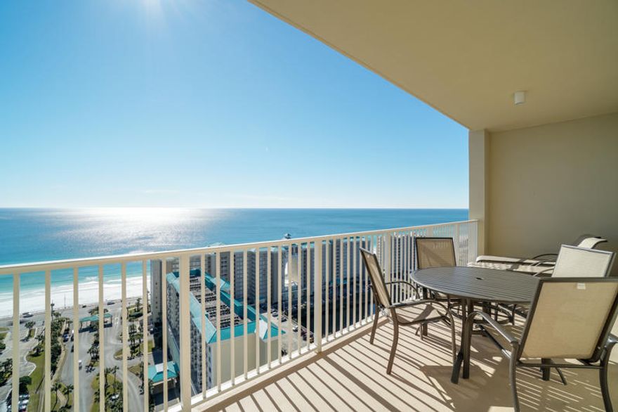 Luxe beach living in this grand PENTHOUSE LEVEL condominium with incredible Gulf, beach and Bay views from almost every room plus TWO large balconies with panoramic Gulf views and endless sunsets await you in this amazing penthouse. This has it all including 4 spacious bedrooms, 3.5 bathrooms and upgrades galore including granite counters, beautiful cabinetry, large laundry room with full sized washer/dryer, impressive foyer entrance and beautiful, upscale furnishings. The living room, master suite and dining room are all Gulf front with amazing views and balcony access from all 3 rooms. The stunning master suite has it's own private balcony, accessed by both the bedroom and the adjoining master bathroom  appointed with soaker tub, separate shower, double vanities and a large closet.