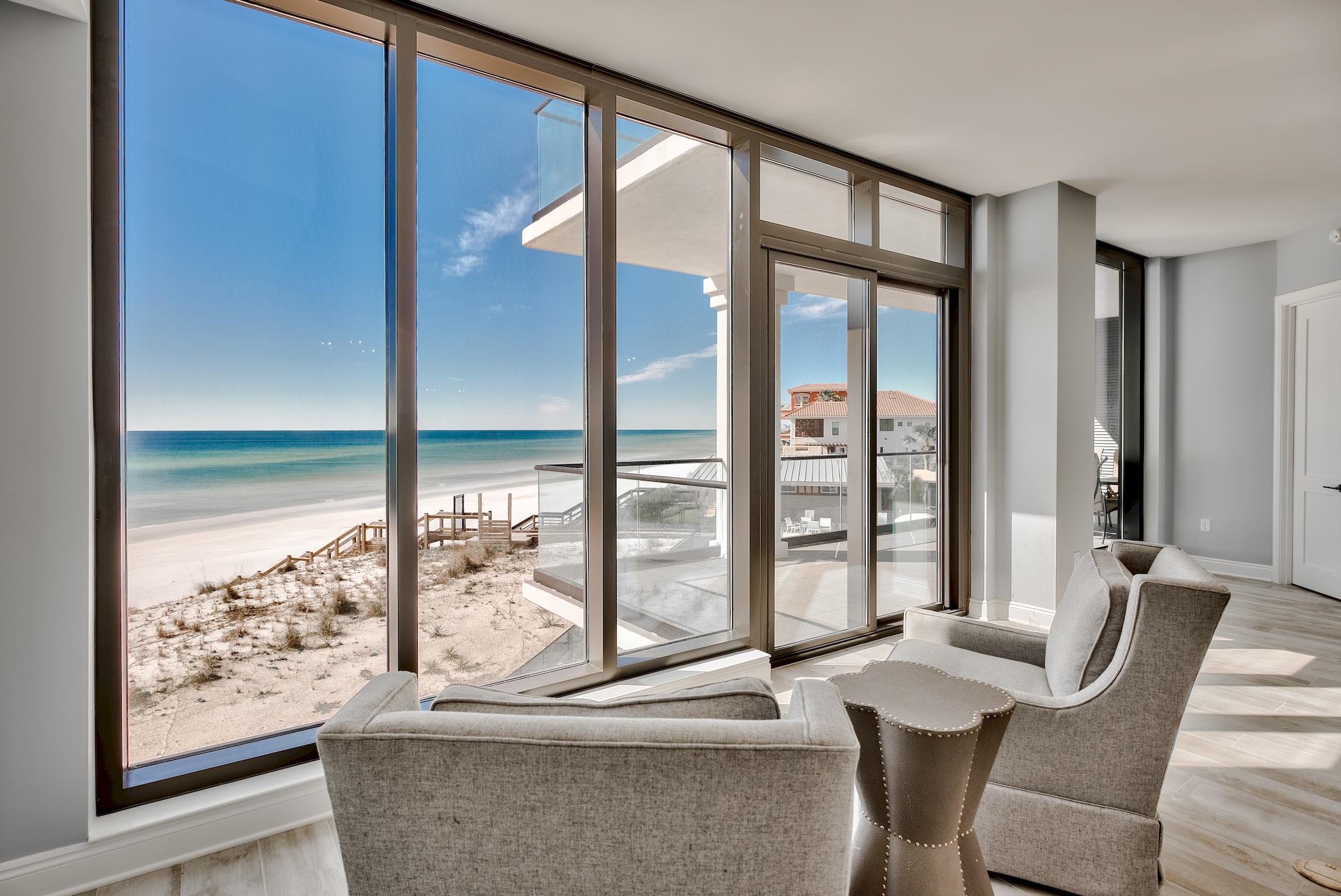 Costa Blanca, brand new construction on Scenic Hwy 30A. Exclusive low density building with only 14 luxurious gulf-front condominium residences. Top-of-the-line finishes to include Sub-Zero & Wolf Appliances, quartz countertops, wood flooring. with outlets conveniently placed. The floor to ceiling windows & gulf front master take advantage of the views. Second floor unit with a large balcony to take in our gorgeous Sunsets. You can see all the way down the coastline. Other amenities include a gulf-front resort style pool, fitness room, lobby, separate owner storage & covered underground parking. Pre-wired for surround sound internet and security. Recently professionally furnished and appraised higher than listing price. All dimensions to be verified by buyer.