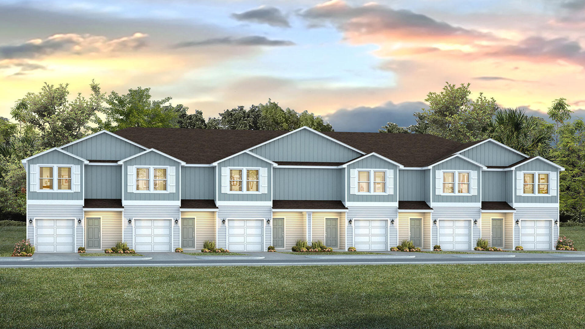 Welcome to 105 Foxtail Way Unit 59, a new townhome at Palms Street Townhomes in Destin, Florida. This unit will be under construction soon. As you enter this interior unit townhome you will find a bright hallway with EVP flooring leading to an open-concept kitchen, living, and dining area. The open and spacious main level is designed for entertaining and everyday living. The kitchen serves as the culinary center with its spacious center island allowing for easy meal prep and cleanup. It has been designed with quartz countertops, a stainless appliance package including s stove, microwave and dishwasher. The main level serves as the heart of the home, while the privacy of the second level holds all bedrooms. The main suite is a sanctuary, featuring a generous closet and an ensuite bathroom with a dual sink vanity, tile shower with glass enclosure and a linen storage area. Just down the hall from the primary bedroom are the two guest bedrooms. The bedrooms are spacious and have ample closet space. There is a shared bathroom and laundry area off the additional bedrooms. The additional bedrooms share a hall bath with shower tub combo, creating a comfortable space for family or guests. EVP flooring is throughout the second level and each bathroom has quartz countertops and white cabinetry.
The Palm townhome has a back patio that accessible off the dining area on the main level. This home has a single car garage and a driveway that will fit additional cars.