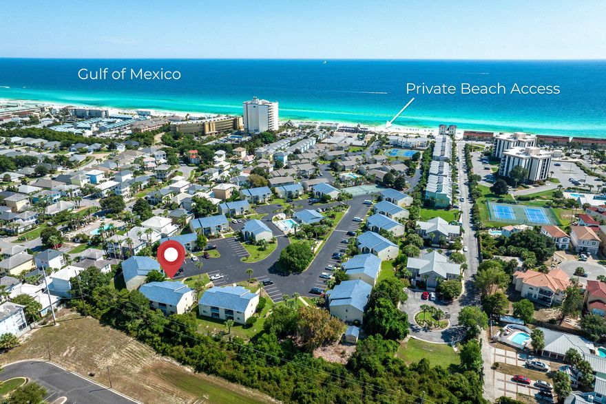Live the beach lifestyle without the high price! This top floor unit is just steps to the pool & exclusive deeded beach access located on the coveted Scenic Highway 98 right across from the iconic Captain Dave's! Hop in your golf cart and cruise the coast, enjoy fine dining, shopping, breathtaking sunsets & more! Fully furnished & turn key ideal for a primary residence, 2nd home or vacation rental. Current company projections came in at $38k! New LVP flooring, New 2022 roof and a 2018 HVAC provide peace of mind. Low HOA covers community amenities (tennis/pickleball/playground/bbq), exterior insurance, internet, cable, garbage, water/sewer, pest control & more! Washer/dryer in condo. Private back view off the large screened porch. Act now and live the beach lifestyle you've always dreamed.