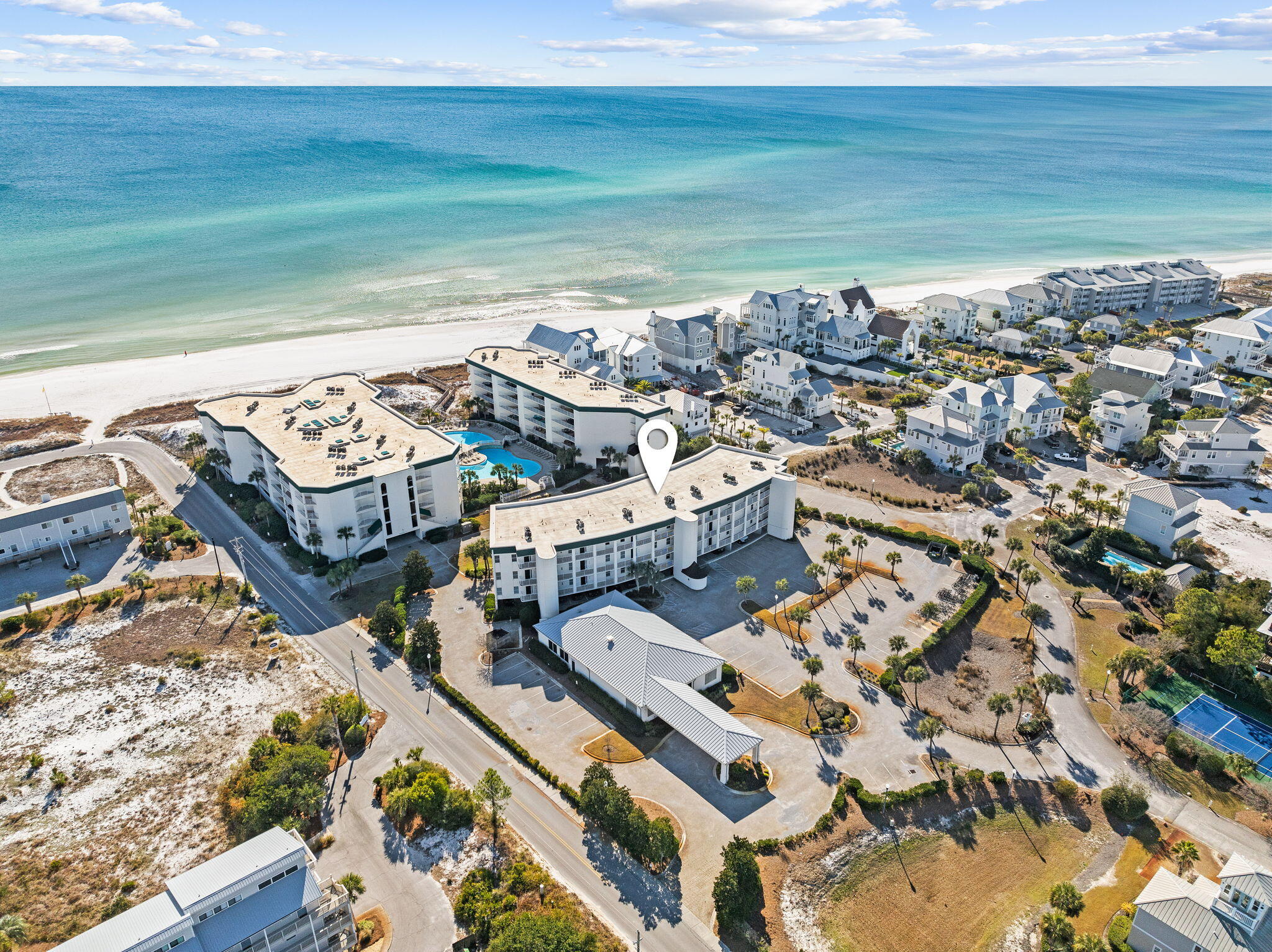 MOTIVATED SELLER - Gorgeous top floor, corner condo with 10 ft high ceilings and outstanding views of the Gulf, Beach, and resort pool! Completely remodeled in 2019, this condo is in move in ready condition, with Beach decor,  with new porcelain tile wood flooring for easy clean and durability. Kitchen features all new soft close cabinets, appliances,  hot water heater in 2022 and HVAC in 2024. Both owner and guest suite bathrooms have new walk-in showers with stylish beach glass tile, new vanities, new lighting, and new tile flooring. An expansive balcony off both the master and main living area make for the perfect spot for morning coffee and entertaining groups. Corner top floor unit features guest bedroom with windows that are private and not on the walkway. This unit has one of the few covered deeded parking spaces that will be sold with the unit and located next to stairs and close to elevator. Located on the South side of 30A, this beautiful condo is highly desirable with easy access to numerous restaurants, shopping, and entertainment areas, such as Seaside, Alys, Watercolor and Rosemary.

This is your opportunity to own the Gulf view you desire and already beautifully renovated. Furnishings and everything are ready for you to make it your investment or second home.
Hurry to submit your offer. All data and dimensions to be verified by Buyer.