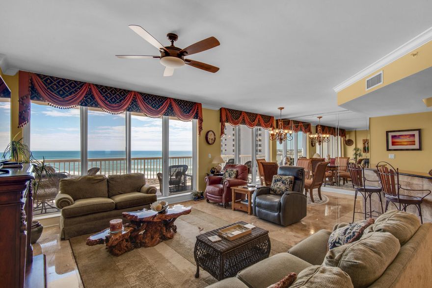 Beautiful 3 bedroom, 3 bath 10th floor condo on the coveted east side of St. Barth, bordering Henderson Beach State Park and providing endless views down the coast as far as the eye can see. Upgraded with travertine tile in the entire living/dining/kitchen areas, foyer, hallways and baths. An expansive terrace is accessible from the living/dining area and master bedroom. A second terrace, with beautiful resort views is shared by the 2 guest bedrooms. The master is spacious with a walk-in closet. The master bath has granite countertops, double vanities, Jacuzzi tub, large walk-in shower and water closet. This condo is sold fully furnished and move in ready. St. Barth is a short-term rental restricted building with an elegant lobby, private pool & hot tub, deeded parking and climate