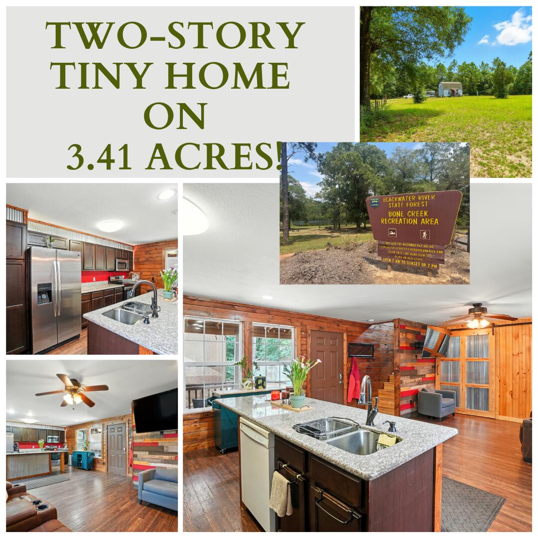 Who wants to live in a 2-STORY TINY HOME.. ON 3.4 ACRES.. steps away from the BLACKWATER RIVER STATE FOREST? Welcome to 5029 Bonecreek Road, an ECO-FRIENDLY HOMESTEAD, with gated entry and acres of fertile land for growing or grazing. You also have thick forested acreage to explore. This compact design features a multi-functional footprint with open-concept living, dining and kitchen.The kitchen is full-sized and fully-equipped with rich walnut cabinetry, corrugated metal accents, stainless appliances and large granite island.The living/dining space features rustic tongue and groove shiplap and warm wooden paneling, as well as vinyl wood plank flooring and an artistic showcase wall.Behind the barn door is your laundry room and downstairs bathroom. #KeepReading The staircase is stunning and leads to a lofted bedroom space, perfectly suited for multiple layouts. The windows flood the space with light and offer picturesque views of your homestead.
The upstairs bathroom lives large with spacious vanity, walk-in shower and HUGE WALK-IN CLOSET; a rare luxury seldom found in a tiny home.
Outside you'll find a covered porch, outdoor entertainment space, RV HOOKUP, storage shed, TINY HOUSING FOR ANIMALS, chicken coop, well house, firepit and picnic table. You also have wooded acreage that extends well-beyond the fence line!
Speaking of fencing...
The seller is offering a free gift with purchase! The buyer will receive the huge pile of BRAND NEW WOOD FENCING PICKETS (back porch) for future use... on closing day. #FREEBIES
The tiny movement is growing and this is your chance to cash in... but you better hurry! This "tiny steal" is steps away from the Blackwater River State Forest and just 2 minutes away from Bone Creek Recreation Area! #SeePhotoLineup
Priced for maximum attention and expected to move! Make an offer today!