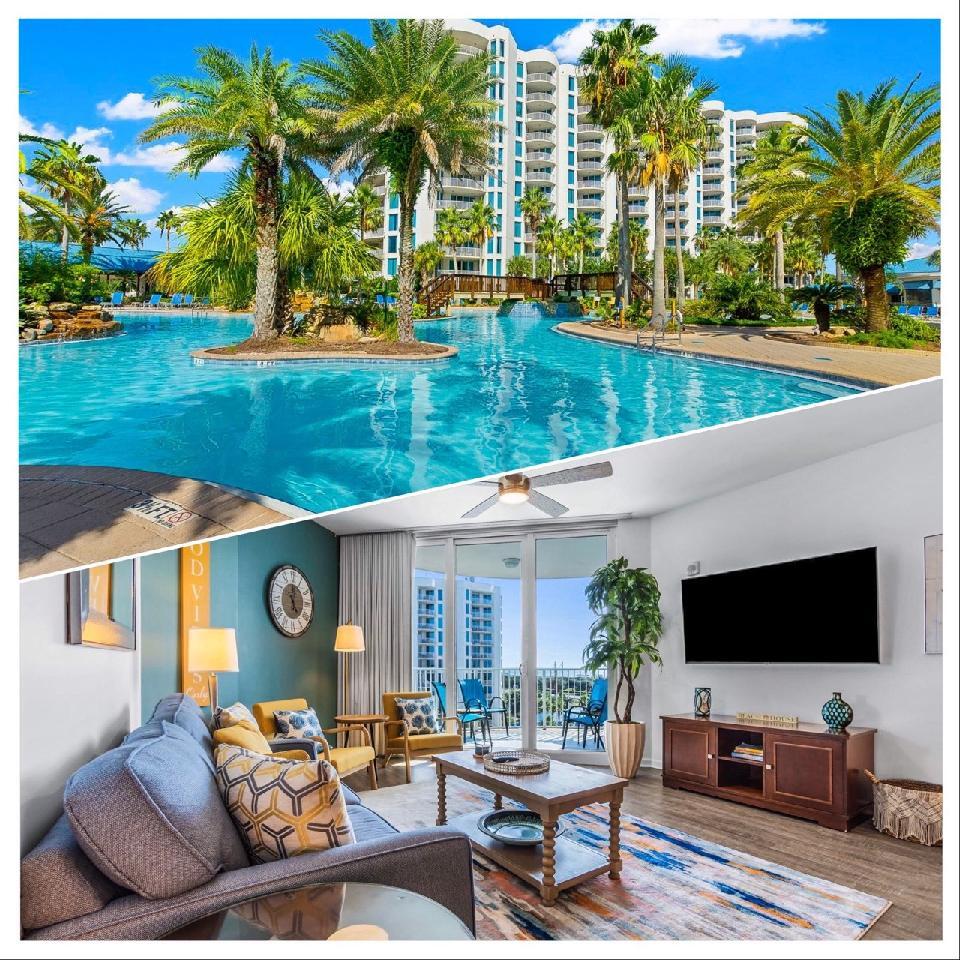 GORGEOUS GULF VIEWS, Unit comes completely furnished!  Month to month available now through February 2025. $2350 per month, plus security deposit and $150 mo. Resort Fee. Palms of Destin, 2bdrm / 2 bath unit is on the highly desirable 7th floor offering gulf and Resort views. Be our monthly guest at the Blue Water Diamonds at the Palms! As you open the door to your luxurious home away from home; Feel the salty breeze from the nearby Gulf, setting the stage for an unforgettable stay.  When you enter our home, you will be greeted in colors of serenity, and peace. You'll first be met with a bright and beautiful kitchen with all the necessities to cook up a delicious Gulf Coast Meal, boasting granite counter tops and tons of kitchen gadgets. As you pass the kitchen, you'll find our quaint dining area with seating for 4 at the dining table and additional seating at the kitchen island.  
Move over to the living room and curl up on the queen-sized sofa sleeper and lose yourself in the glow of our new 65" Smart TV.
But the real magic awaits beyond the threshold of the living room, Venture onto your personal balcony and behold a sight that words can barely describe a sprawling lagoon-style pool, shimmering like a sapphire jewel beneath the radiant Florida sun. Lose yourself in the endless expanse of the Emerald Blue Gulf View, and tropical lush landscaping. 
Time to Retreat for the night, additional patio access that takes you straight into the master suite where you will sleep like a King and Queen sinking into the embrace of our new sumptuous King size bed, outfitted with linens and pillows where dreams are woven amidst the backdrop of glistening waters.  ensuring you wake up recharged and ready for another day in Paradise. 
Utilize the blackout curtains or awaken with the first rays of sunlight painting the space in hues of gold and azure as the sun rises.  Enjoy your own private en-suite bathroom; adorned with an oversized Garden soaking tub, shower combination, inviting you to immerse yourself in pure bliss.  
In our second bedroom, the Jr. Suite offers a cozy sanctuary with its Full over Full Bunk and a rejuvenating walk-in shower and ensuite bathroom, with washer and dryer.

But the journey doesn't end within the confines of our condo. Let our community's amenities be your passport to discovery; located in the Heart of Destin: 3 blcks to the beach; June Decker White Beach, and a short car ride to the Beautiful Henderson State Park. Surrounded by fabulous restaurants like Joe's Crab Shack, Bubba Gump's, The Back Porch, in addition to the Resorts own "Palms Bistro", and good vibes bar: open during seasonal hours and events. 
Other Resorts Amenities include: 
- Lagoon pool, (non heated)
Secondary heated pool, hot tub, and children's water-splash area (non heated).
- Charcoal Grilling area
- Children's Playground
- Tennis and pickle ball courts
- Basketball court- bring your own ball
- State-of-the-art fitness center 
on Site IV Bar (3rd party owned and operated)
- Covered parking garage with (2) passes provided
Amenities are subject to hours and seasonal availability 
