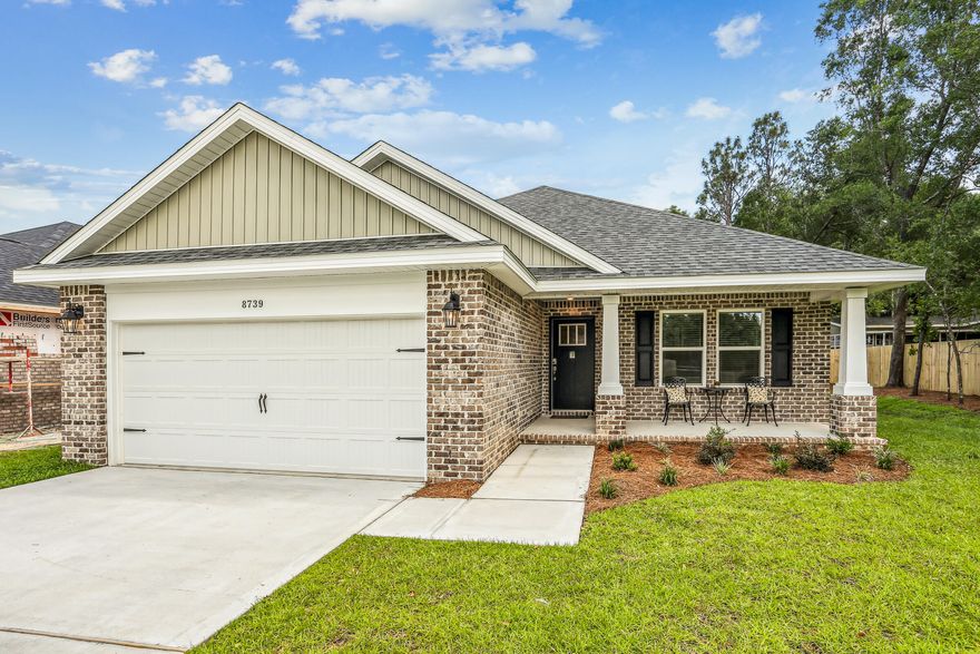 Welcome to the Carlos Floor Plan in Buckeyes Landing! This beautifully designed 3-bedroom, 2-bath new construction brick home sits on a .20-acre lot in the Holley-Navarre community. The open layout features vaulted ceilings and a split floor plan, perfect for everyday living and entertaining. The gourmet kitchen includes stainless steel appliances, granite or quartz countertops, soft-close cabinets, under-cabinet lighting, bar seating, and a large pantry. The luxurious master suite offers double vanities, a garden tub, a fully tiled walk-in shower with dual shower heads, and two walk-in closets. Additional features include a whole-house blinds package, brushed nickel hardware, and quality finishes throughout.  Buckeyes Landing is ideally situated in the heart of Navarre. The neighborhood is located off Bob Tolbert Road, providing convenient access to major routes including US-98 and State Road 87 for easy commuting east toward Destin or west toward Pensacola. Just minutes from local amenities - including shopping, restaurants, parks, highly rated schools, and world class beaches. 
Projected completion is June 2026.