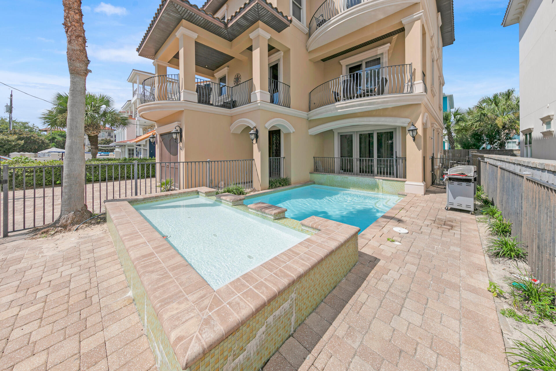 *$35,000 DECORATING ALLOWANCE*. Welcome to 96 Sarasota, located just 2 blocks off the beach and including tasteful and elegant touches found throughout the large 8 bedroom home. All 8 bedrooms have their own private bathroom!  The 1st floor features a gourmet kitchen, large dining area, living space, a King-Suite, and bonus media room. You also have access to the tropical pool deck. On the 2nd floor you will find 3 more King-Suites and a custom-made bunk room with private bathroom. Two of these King-Suites have private balconies. On top level is the lounge and game room with pool table, covered balcony, and beautiful views of the Frangista Beach Community. You will also find 3 more King-Suites, two of which have private balconies. Newer washer and dryer are located on the 2nd AND 3rd floors. All 3 HVAC systems were replaced in 2022. Being sold fully furnished and rental ready for the savvy investor or your own private getaway. The property is conveniently located right in the heart of Miramar Beach within close proximity to many great dining and shopping options. Surf Hut, Royal Palm Grill, Whale's Tail, Pompano Joe's, Acme Oyster House, Two Birds Cafe, Seascape Towne Center, Silver Sands Outlets, and much much more.