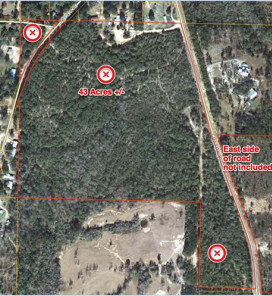 High and dry, nicely wooded 43 acres, south of I-10 with extensive paved road frontage on 2 sides. On Cosson Rd, there is appx 2000 ft and on Nelson Rd. there is appx. 600 ft for a total of 2600 paved road front footage. There are already a couple of culverts/driveways in place on Cosson. There's a stunning 1 acre piece that is part of this parcel, across Nelson Rd. It has a big beautiful oak & several other large trees too, that would make a gorgeous building site! Located close to south Walton for those who want a getaway north of the beach. This 43 acres will be cut from a 72 acre parcel (everything west of Cosson Rd. is included). Be sure to check out the video (virtual tour tab) for more details.