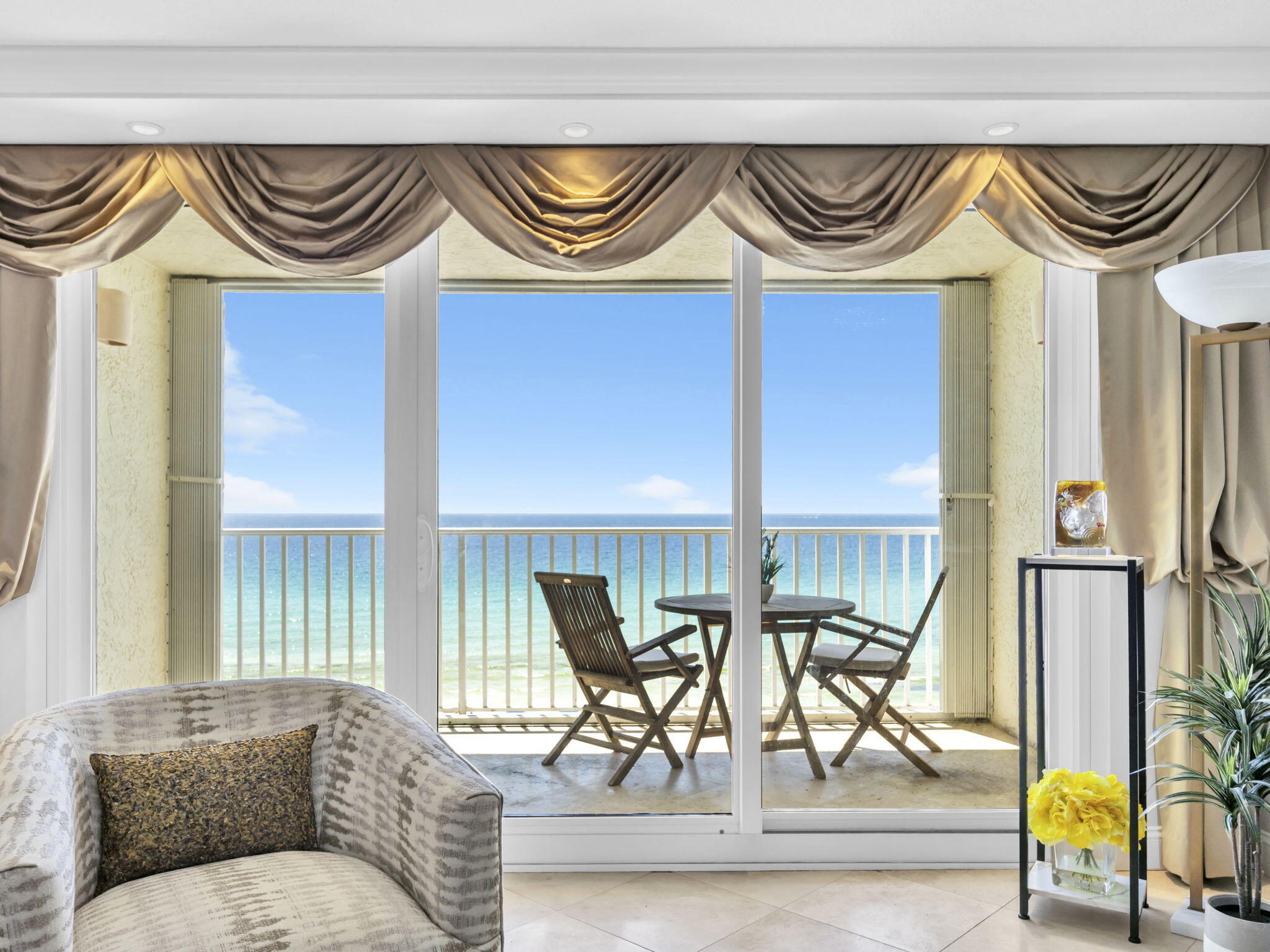 RARE! IMMACULATE renovated 2br/2ba Penthouse residence in RENTAL RESTRICTED Grand Mariner condo in the heart of downtown Destin. Value at only $769K! The ultimate in quiet, privacy & comfort in this premier uncrowded gated community-ideal for true 2nd home/family legacy or primary beach living. C703 Grand Mariner offers the best view in the house! Relax and enjoy awe inspiring vistas of sugar white sands & sparkling emerald waters from foyer, Kitchen, LR and MBR too! Travertine tiled LR&Kitchen w/new carpet in BRs. Renovated gourmet kitchen is spacious w/lots of cabinetry, GoldenEagle granite & recessed lighting. Laundry closet. Stunning views from kitchen, LR & gulf-front Master suite. Private Gulffront balcony has new upgraded hurricane shutters. Hall 2nd bath leads to spacious GBR. Master BR with en suite bath is GULF-FRONT with stunning views and flowing natural light from floor to ceiling windows. You'll appreciate all the "extras" in C703 including elegant plantation shutters in both BRs, NEW $19K master bath remodel, new door lock, new kitchen faucet and more! Quality stainless steel appliance package includes Kitchen Aide side by side refrigerator; Jenn-Aire ceramic cooktop, Bosch dishwasher, GE Microwave. Bonus private storage room outside by front door. Listed Unfurnished. Grand Mariner condo offers gated entry, community room, gulf-front pool with large sundeck and bathrooms; fitness center, gated boardwalk w/shower, 2 elevators and onsite mgt. office. Located on 98 directly across from The Track, Morgan Sport Complex and within easy access to entertainment, dining, Destin Airport and all area activities. Walmart is just a few miles away. Owner pets allowed only. Unit is owner occupied-appointment required. C703 Grand Mariner is your ideal next beach home!