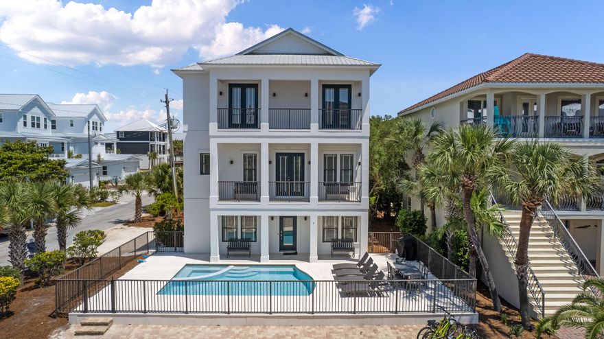 This stunning 6-bedroom home should be at the top of your list.  No reason to sacrifice on proximity to the beach or settle for an older home that needs a full renovation, when you can have it all with 7 Sandy Dunes!  The fantastic rental property boasts a private pool/hot tub and offers easy access to the beach, as well as proximity to Silver Sands Outlet Mall and Baytowne Wharf's vibrant entertainment district.The first-floor features three bedrooms- two king suites and one double queen suite, all with private bathrooms. The second floor offers the main living space, complete with top-of-the-line fixtures, stainless steel appliances, and a balcony offering corridor Gulf views. Luxurious hardwood floors and an accent wall add to the ambiance, making it a perfect... gathering space for the family. Another king suite is situated on the second floor, also with a private bathroom. The third floor houses the master suite with a king bed and private balcony, allowing for gorgeous Gulf views. The master bathroom is spa-like, featuring a tub, standalone shower, and dual-sink vanity. The spacious walk-in closet offers ample storage with shelving. Additionally, the third floor includes a bunk room with a full-over-full bunk bed, private bathroom, and balcony access. This versatile space is perfect for accommodating guests or children. The exterior of the home was just polished and painted in May of 2024 and the interior of the home is completely turnkey.  Enjoy your days transitioning from the beach to the poolside, while evenings are perfect for grilling and unwinding in the spa. Experience breathtaking Gulf views during sunrise and sunset. Call today to set up your private viewing while this opportunity lasts.
