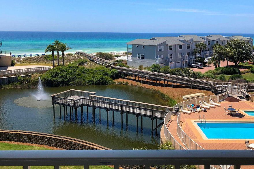 TOP FLOOR Penthouse Condominium at SAN REMO! Panoramic Gulf and Water Views with enormous Balcony accessible via floor-to-ceiling Sliders! Fully furnished beauty: Spacious Master Bedroom Suite with additional 'Sitting' or Office area, additional Bedroom, elegant 'Farm Door' Bunk Room, 10' ceilings, crown molding, 20'' tile floors, and Vinyl Plank flooring, Quartz Countertops, Kitchen Breakfast Bar, Custom Cabinets, GE Profile, Whirlpool and Bosch Stainless Steel Appliances! Large closet in Master Suite Bathroom, and impressive separate Storage Unit conveys (11'x7'x9'). San Remo is a Gated Community located directly off Scenic 30A with Deeded Beach Access, outdoor Swimming Pool, Whirlpool Tub, Tropical Landscaping, Fitness Center, Elevators, and Community Room! Your Dream Coastal Getaway!