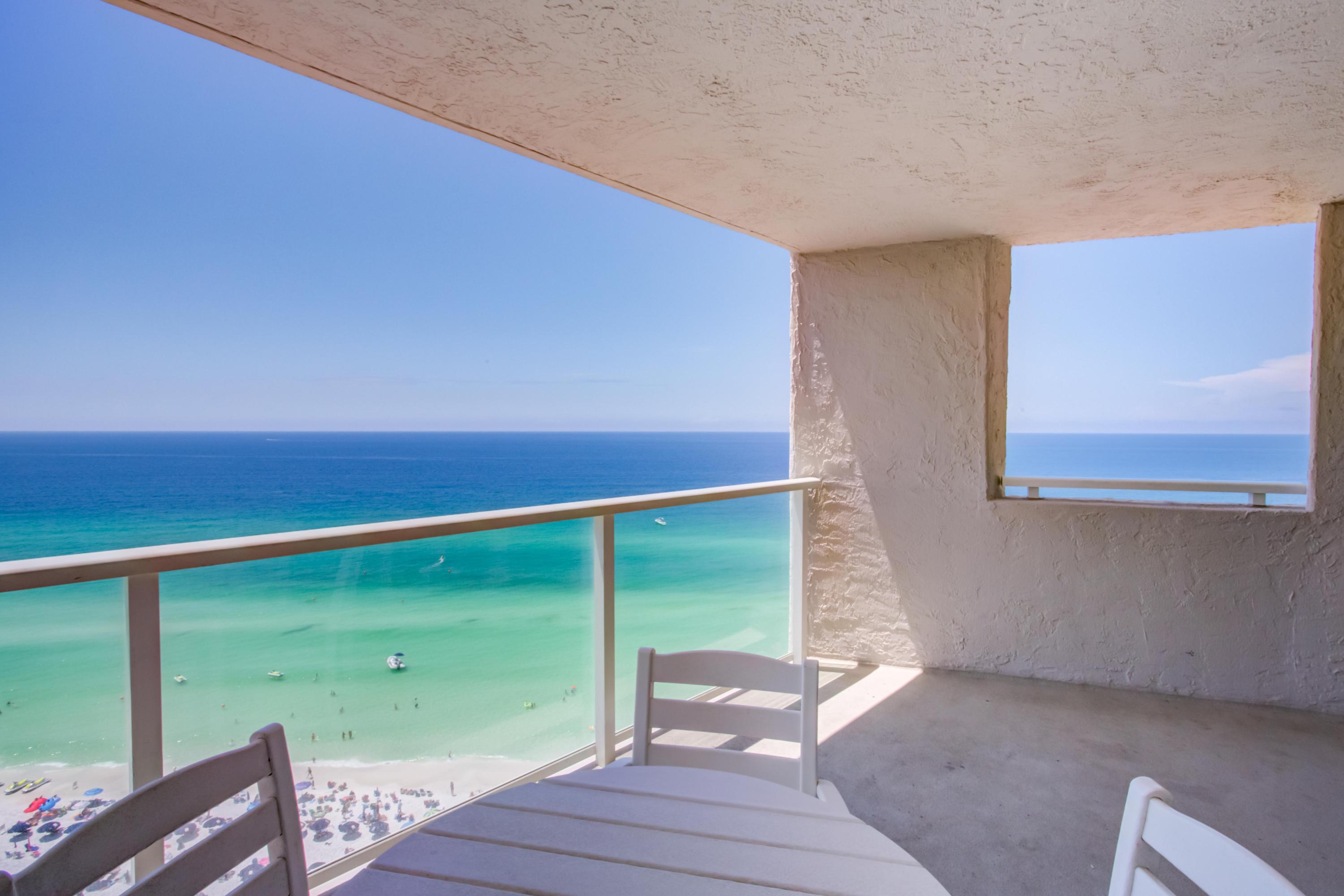This 17th floor condo boasts both tranquil Choctawatchee Bay and expansive Gulf of Mexico views! Upon entering, you are first greeted with the stunning sights of the sugar white sand and emerald green waters of the Gulf through the floor to ceiling windows of the living area. With two private balconies and hard surface flooring throughout for easy care, this condo is made for beach living. The south facing balcony is accessible from the master bedroom and the living area and showcases breathtaking beach and Gulf views. The en suite master bath includes a walk-in shower and walk-in closet. On the north side, the guest bedroom features twin beds and leads to a balcony with serene views of the bay. A large soaking tub and ornate cabinetry complete the second bathroom. Beachside II Owners