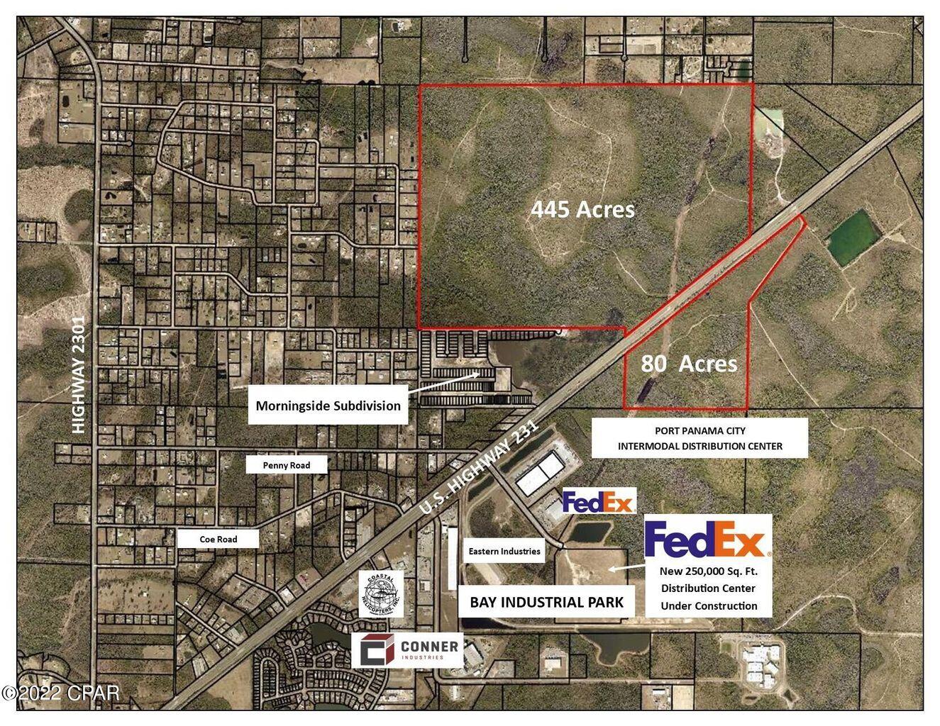 Approximately 445 acres including +/- 2,500 feet of frontage on US HWY 231. This property is currently zoned AG-1 and is located in unincorporated Bay County. With land use change, property would be ideal for large scale residential development (all measurements are estimates only).