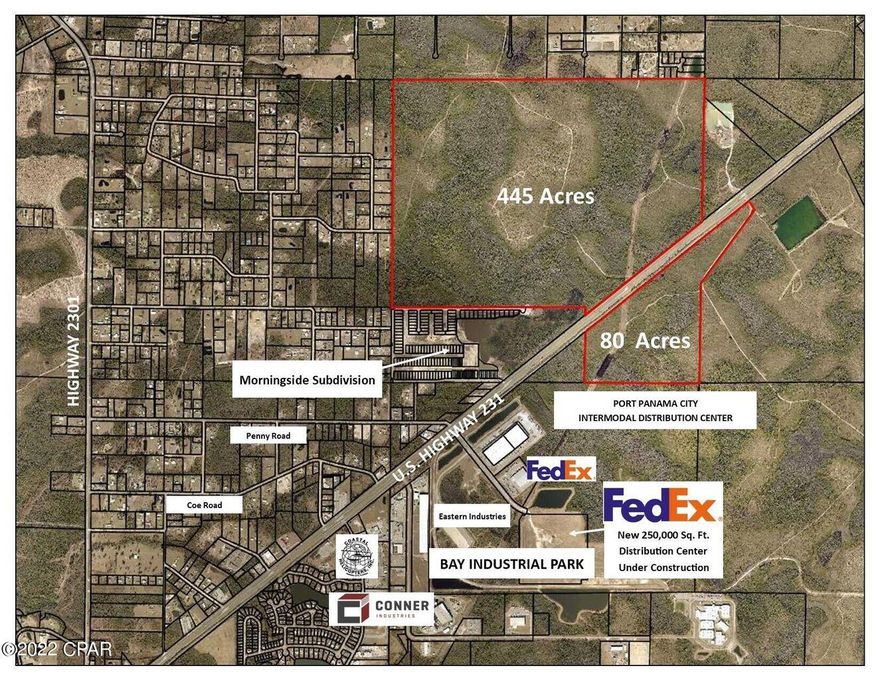 Approximately 445 acres including +/- 2,500 feet of frontage on US HWY 231. This property is currently zoned AG-1 and is located in unincorporated Bay County. With land use change, property would be ideal for large scale residential development (all measurements are estimates only).