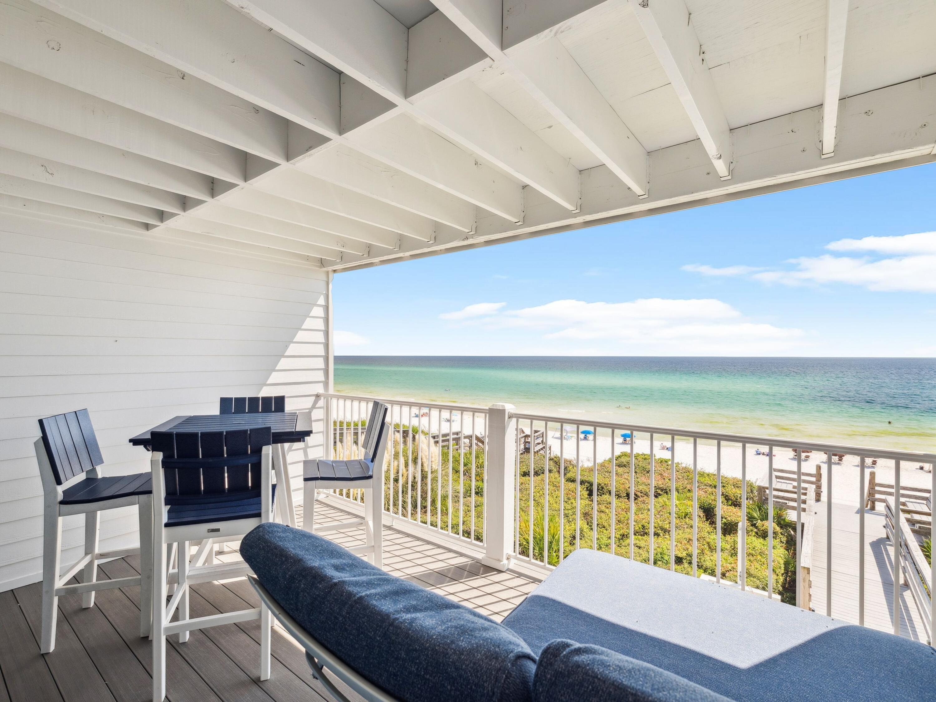 Perched on the second floor of Sea Mist, an intimate 12-unit condominium, this one-bedroom retreat offers breathtaking views of the Gulf of Mexico and direct access to the sugar-white sands of 30A. Crisp, clean, and welcoming, this unit is thoughtfully designed to maximize comfort and coastal charm.Inside, the residence features a king bedroom, hall bunks, and a full bath to accommodate family and guests. The kitchen is fully equipped with modern appliances, while a private balcony invites you to enjoy morning coffee or sunset cocktails against a backdrop of endless emerald waters. A breakfast table offers easy seating indoors, and two grilling areas on the lawn create the perfect place to gather as the sun dips below the horizon.The Sea Mist community has recently undergone an expansive restoration, with all assessments paid in full and building inspections completed. Owners enjoy a private gulf-front beach and an unbeatable location between Camp Creek Lake and Alys Beach. Just a mile from the Big Chill and a short bike ride to Alys and Rosemary Beaches, this condo puts the best of Scenic 30A within easy reach.
With exceptional rental potential and panoramic views that define coastal living, this Sea Mist condo is a rare opportunity to own a true gulf-front escape.