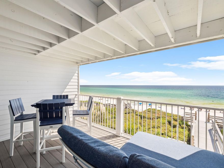 Perched on the second floor of Sea Mist, an intimate 12-unit condominium, this one-bedroom retreat offers breathtaking views of the Gulf of Mexico and direct access to the sugar-white sands of 30A. Crisp, clean, and welcoming, this unit is thoughtfully designed to maximize comfort and coastal charm.Inside, the residence features a king bedroom, hall bunks, and a full bath to accommodate family and guests. The kitchen is fully equipped with modern appliances, while a private balcony invites you to enjoy morning coffee or sunset cocktails against a backdrop of endless emerald waters. A breakfast table offers easy seating indoors, and two grilling areas on the lawn create the perfect place to gather as the sun dips below the horizon.The Sea Mist community has recently undergone an expansive restoration, with all assessments paid in full and building inspections completed. Owners enjoy a private gulf-front beach and an unbeatable location between Camp Creek Lake and Alys Beach. Just a mile from the Big Chill and a short bike ride to Alys and Rosemary Beaches, this condo puts the best of Scenic 30A within easy reach.

With exceptional rental potential and panoramic views that define coastal living, this Sea Mist condo is a rare opportunity to own a true gulf-front escape.