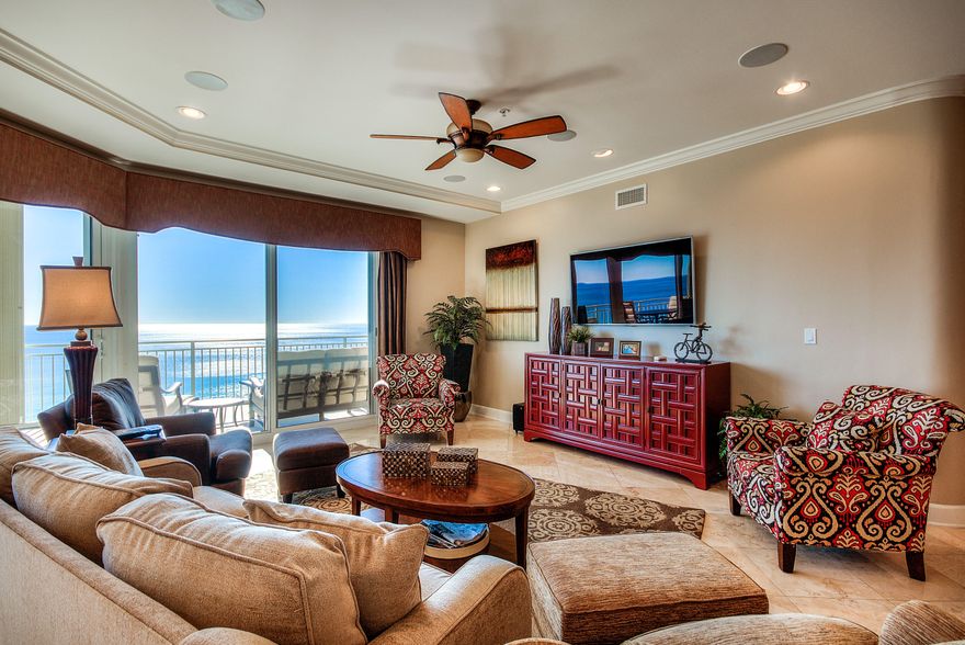 This spectacular 18th floor villa is sitting high above the glistening waves, offering the most incredible sunsets along the Emerald Coast you may ever find and is being offered furnished! Located on the East end of the North Tower, this unit has views from every room, beautifully furnished and faux painting on the dinning room ceiling and powder room walls. The ''20'' stack floorplan in Grand Dunes' north tower is our largest in the building. With 3,030 square foot of living space, this unit offers; a semi-private high speed elevator opening directly into the private foyer, 9.5 foot ceilings, 11' wide tile clad balcony providing 384 sq.ft. of covered outdoor living space complete with a built-in stainless steel natural gas grill all protected by hurricane impact shutters. ''Super Quiet'' interior, pre wired for the latest security and audio/visual entertainment, premium appliance package with a 5 burner gas cooktop, granite counter tops throughout the unit, travertine flooring, soft close drawers in kitchens and baths, ice maker, large ''his & her'' walk in closets in the master, separate dual head shower, jetted 2 person tub, private water closet, crown molding, instant hot water feature, dehumidifier, 200' of private beach, gated resort, tennis court, gulf front exercise room, conference room, two suites available for overflow guests, lush professionally landscaped grounds, lagoon style pool and hot tub area. Grand Dunes is the Premier Waterfront Resort in Miramar Beach, Florida!