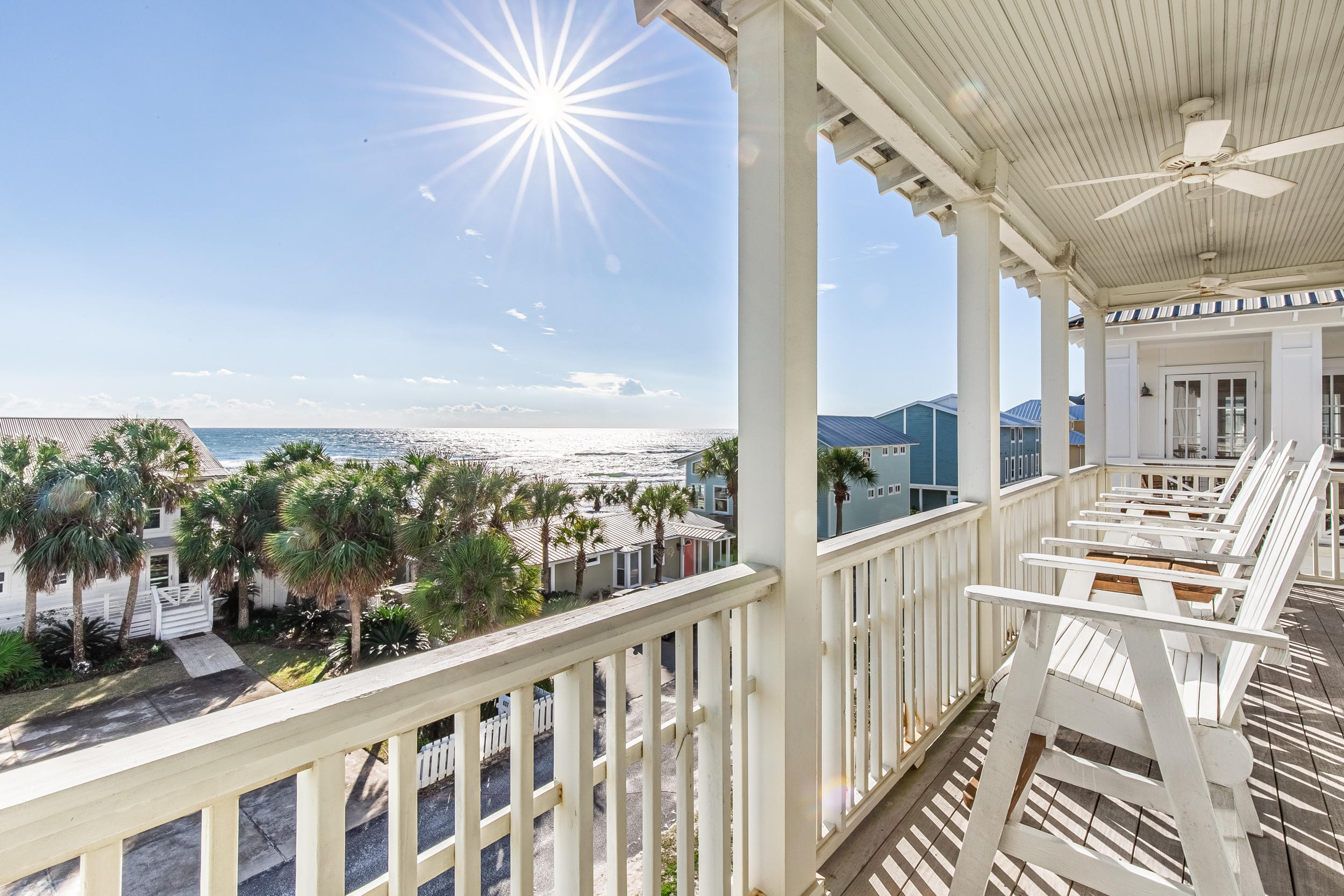 ONLY ONE ROW OFF THE BEACH!! This stunning home sits in the neighborhood of Summers Edge off Scenic Highway 30A. With Sparkling Gulf views, 1 minute walk to the beach, 2 gated community pools (one can be heated) and 4 spacious bedrooms (plus built in bunks) this home is one you won't want to miss. Two of the floors have multiple balconies so there is no shortage of outdoor space to enjoy the sunset over the Gulf with a cocktail. The first floor includes foyer, garage and storage space. There are multiple living rooms (one of the 2nd and 3rd floors) for when you want to spread out and the sound system in the home goes out to the balconies for enjoying music both inside and out. The second floor has two guest bedrooms each with its own bath (with shower/tub combo) as well as built
