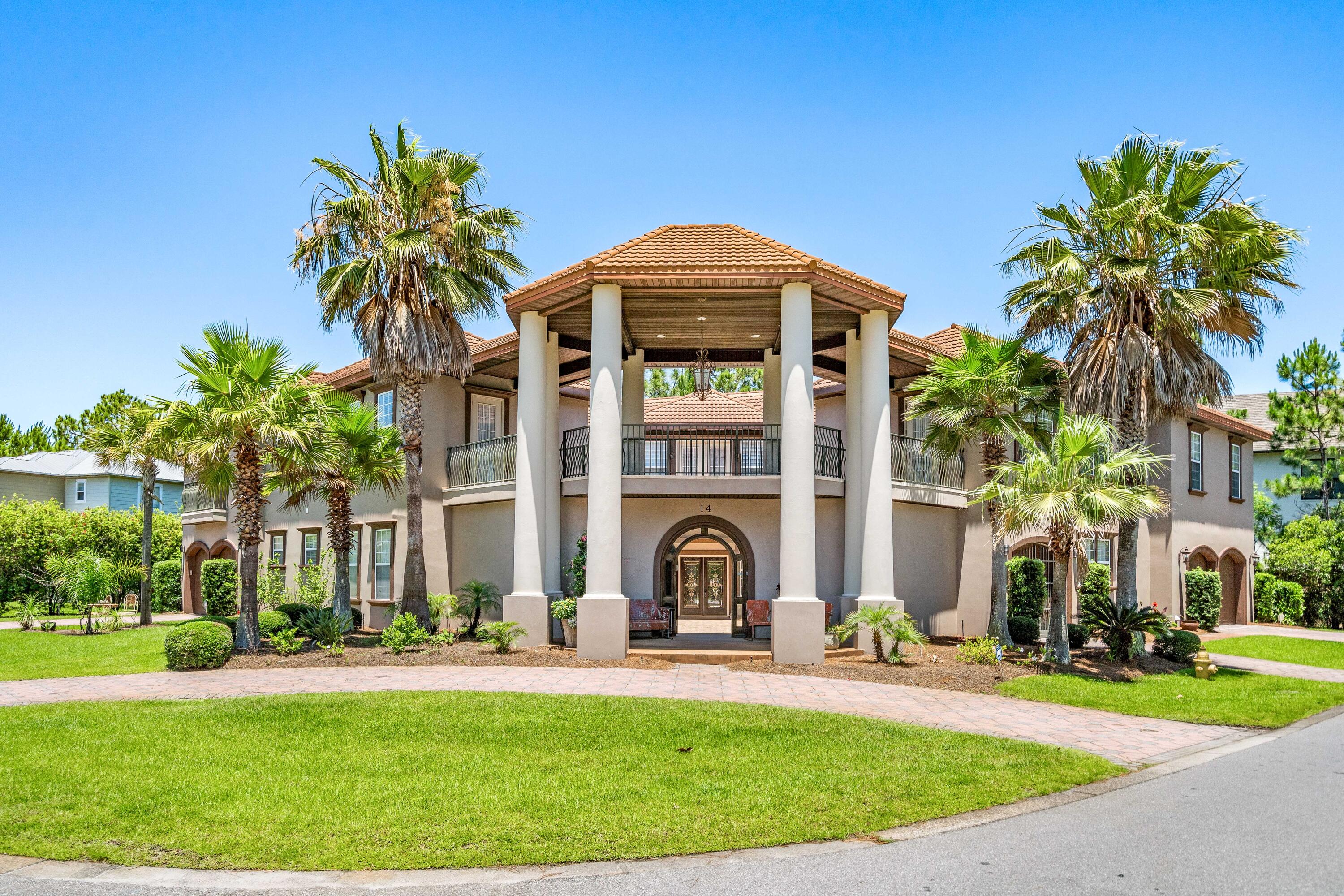 Welcome to 14 Basswood Drive, located in the gated community Cypress Breeze on 30A's west end. Walk to white sand beaches & emerald green water from your door. Custom-built Mediterranean-style home. Spans over 7,706ft of living space & 5,300 heated and cooled total living space. Boasting 6 ensuite bedrooms & situated on one of the largest lots in the neighborhood .45 acre, plenty of room for you and your guests to enjoy & relax comfortably. Gather in the large outdoor portico or come in & host in the 2 story great room open concept. Large and open expansive kitchen w/ Viking and Subzero appliances, plus ample prep space & massive petrified wood breakfast bar. Tons of garage and parking space as well as a bonus attached lockout apartment (included in Fin Sqft). Airbnb & rentals welcome.