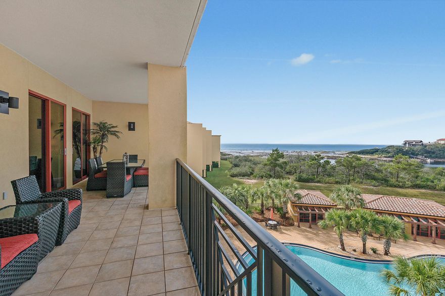 Stunning Lake and Gulf Views from this Luxurious Sanctuary By The Sea Residence - The 3163 sq. ft., 4 bedroom floor plan features stunning vistas from the living/dining areas and both master suites. A generous 38 ft. long balcony overlooks the pool terrace and is perfect for sunset entertaining and dining. The gourmet kitchen is appointed with Professional Series Viking appliances, prep sink, granite counters, pot filler, walnut cabinetry and large panty. Two guest bedrooms both with private baths, large laundry and -1/2 bath complete the spacious floor plan. Finishes include travertine tile flooring, gas fireplace, wet bar with icemaker/wine cooler and 10 ft. ceilings. Community amenities are like none other found on 30A with three community pools / hot tubs, Viking grilling areas,