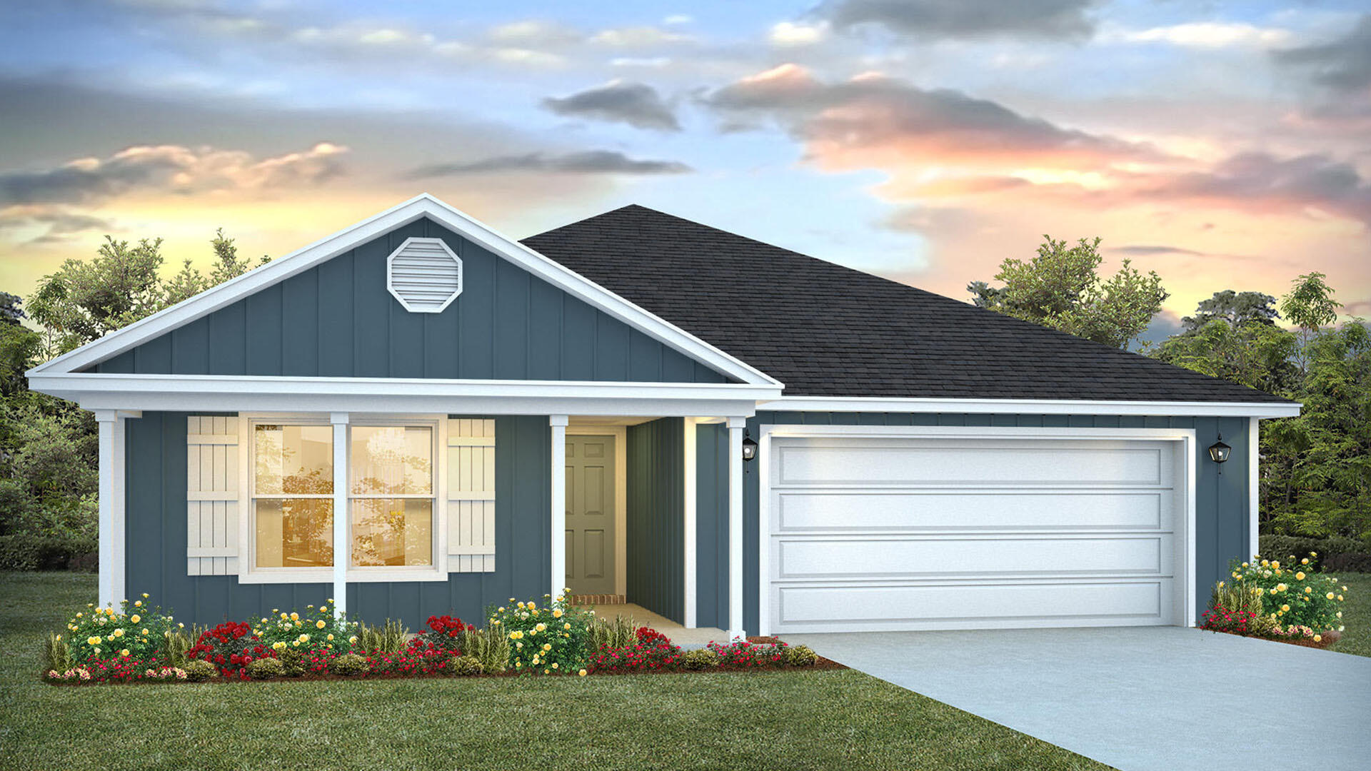 Welcome to 149 Gray Owl Drive W, a new home at Owl's Head Farms, in Freeport, Florida. This home is under construction and features a foyer leading to an expansive open concept living area. The well-equipped kitchen, equipped with stainless steel appliances, dedicated water filter faucet, a walk-in pantry, and granite countertops, anchors the space and offers a central island perfect for casual dining or entertaining. You'll find chrome fixtures throughout the home that have a lifetime warranty. Adjacent to the kitchen, the dining room provides a designated area for gatherings, with large windows inviting ample natural light. The main living areas are complete with Engineered Vinyl Plank that is both durable and adds to the style of the home.
The primary bedroom is situated at the back of the home, and it features a spacious ensuite bathroom with a dual sink vanity, a large shower, and two separate closets. Three additional bedrooms are located along a private hallway, accompanied by a second full bathroom with modern finishes. Each bedroom has upgraded carpet for a cozy feel.
Additional highlights of the home include an oversized covered back patio, a dedicated laundry room with washer and dryer connections, and a two-car garage. A standard Smart Home technology package is included with DEAKO?? smart switches, Kwikset keyless entry and a programmable thermostat that can be controlled though an app on your phone. This home is perfect for those seeking comfort and modern conveniences.
