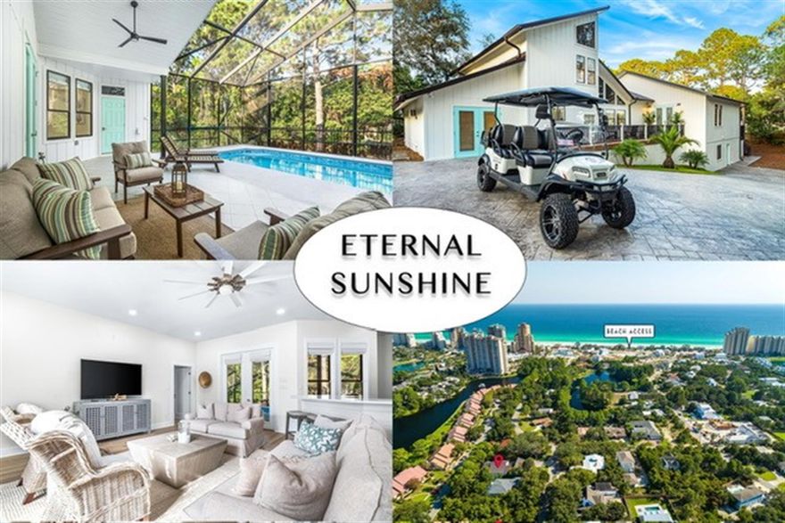 Beach Life just got a little brighter at Eternal Sunshine-over 4700 square feet of beautifully renovated contemporary coastal retreat. With 1400 feet of gorgeous white sand and turquoise water on the private neighborhood beach just a short walk or golf cart ride away, and HOA fees of only $700 per year, this contemporary haven is the perfect beach getaway. The home is built on a gently sloping, deep lot over 1/3 of an acre in size, and was completely renovated in 2023, featuring a main house with 5 bedrooms and private pool as well as an attached carriage house with 1 king bedrooms and oversized bunk bedroom. With 114k in rental revenue for 2025 and 144k projected in 2025, Eternal Sunshine is sure to brighten the day for investors and guests (continued) The primary floor sits at the height of an oak canopy, bathing the windows in a sea of natural light, while also providing a privacy screening for the elevated private pool and deck giving the feeling of swimming in the treetops. Light coastal interior colors in shades of blue and green paired with driftwood color tiled floors create a soothing environment. Twin dining tables seat 16 comfortably with 4 seats at the adjacent breakfast bar, so the entire family can enjoy mealtime or family game night together. The main living area also features a powder room and large bar area overlooking the screened pool with a full sized refrigerator and icemaker, making entertaining poolside a breeze. Two oversized primary bedrooms on the first floor in the main house are complimented by a third bedroom on the main level, all featuring ensuite bathrooms with walk-in showers and generous closets. Upstairs in the main house, two large bedrooms including a king bedroom with ensuite bath and walk-in shower as well as the turtle bunkroom with ensuite bathroom open to a catwalk hallway overlooking the dining area. A laundry room with two full sized washers and two full sized dryers off of the kitchen make washing those beach towels so easy. Multiple owner closets throughout the home, including a huge lock out storage area could be used as golf cart storage, an additional bunkroom, or a game room. The side deck provides a relaxing fire pit area. 
In the attached carriage house below the main house, a cavernous king bedroom with ensuite bath awaits. Nearby, the oversized SURF bunkroom features two queen over queen bunks, a loveseat, a table for playing cards and even a classic arcade game. Just outside the bunkroom door is a generous coffee bar complete with sink and refrigerator so no need to run into the main house for that cup of morning joe. A secondary laundry room with full sized washer and dryer just outside the stairs to the outdoor shower and pool add convenience. There is even a backyard space just beyond the parking area. Eternal Sunshine is tucked away in Miramar Beach between Sandestin and the Silver Sands Factory Stores in Gulf Pines neighborhood, a hidden gem with over 1400 feet of private beach including plenty of parking, two lakes for freshwater fishing, low annual fees of only $700 per year, and even an occasional deer sighting. Come check out Eternal Sunshine where beach life just got a little brighter!