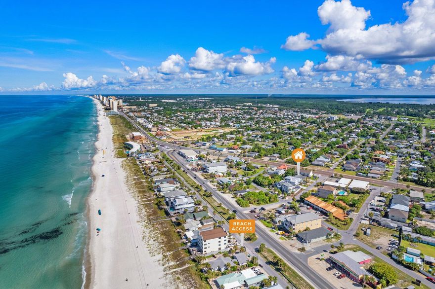 NEW Metal roof to be installed in about 2 weeks (before closing). Newly renovated 3 bedroom / 2 full baths / 2-car garage beach house with private backyard. Short-term rentals zoned (CH), 2-min walking distance from beach, fully furnished vacation rental beach house. This home features raised ceilings, open floor plan, fully landscaped yard, sprinkler system. Air-conditioned garage. New ceramic wood-like tile throughout. Fresh paint throughout. New vanities, designer lighting, built-in / wall mounted fireplace, breakfast bar. The back patio has been completely tiled and privacy fence surrounds the premises. Home has a two-car garage and a separate laundry room. This is perfect primary home, vacation retreat, or investment property. Central PCB location, walking distance to county pier.