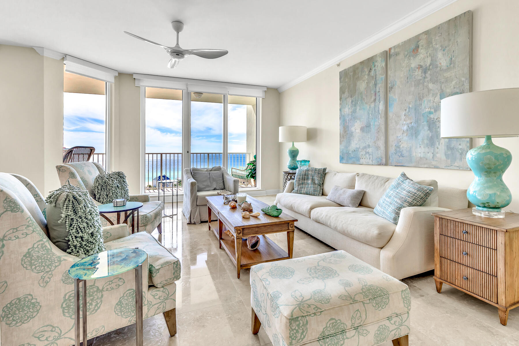 Ultimate luxury residence available now in the coveted and rental-restricted One Beach Club Drive private community in Sandestin Resort. Situated with expansive views of both the Gulf of Mexico and the Choctawhatchee Bay. Coastal furnishings inspired by the emerald green waters flow throughout the space. Make this spectacular 16th floor condominium yours and experience the finest in luxury living. The 3BR/3BA unit is recently updated and exceptionally appointed. Travertine floors run throughout the main areas. Sellers recently installed an upscale Beverage Center to create the perfect cocktail, featuring a top of the line 120-bottle wine fridge with beverage drawers, Miele coffee maker, hot/cold sparkling water dispensing Globe Blue machine, and glassware dishwasher. The