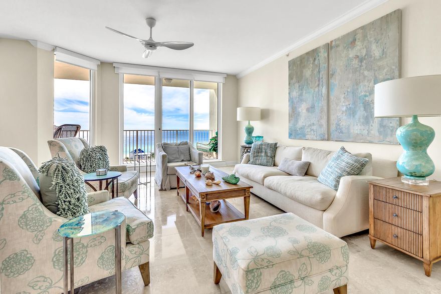 Ultimate luxury residence available now in the coveted and rental-restricted One Beach Club Drive private community in Sandestin Resort. Situated with expansive views of both the Gulf of Mexico and the Choctawhatchee Bay. Coastal furnishings inspired by the emerald green waters flow throughout the space. Make this spectacular 16th floor condominium yours and experience the finest in luxury living. The 3BR/3BA unit is recently updated and exceptionally appointed. Travertine floors run throughout the main areas. Sellers recently installed an upscale Beverage Center to create the perfect cocktail, featuring a top of the line 120-bottle wine fridge with beverage drawers, Miele coffee maker, hot/cold sparkling water dispensing Globe Blue machine, and glassware dishwasher. The