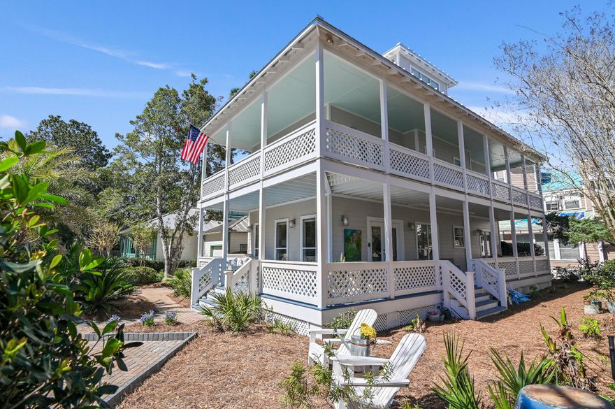 This property affords you the opportunity to own a home inspired by classic Florida architecture! Two wrap around verandas, plus a third floor crows nest with both North and South facing decks! All living areas have access through double doors to the verandas. Windows are large and numerous, creating the most sun-filled property imaginable! The location on a quiet cul-de-sac  is a huge plus.The first floor features a large open floor plan, including a recently updated kitchen with a beautiful tile backsplash and quartz countertops. A special feature of this property is a first floor flex room that can be used as a third bedroom or as a den/guest bedroom. Also on the first floor is a full bath, laundry room and pantry. The house 'lives large' because each of the three floors have different purposes, quickly accessible via the gorgeous staircase. This floor plan provides extra peace and quiet! The second floor features two huge bedrooms, both with en-suite bathrooms, large closets and access to the veranda. The primary bedroom has a spacious, completely remodeled bathroom. The other bathroom features a remodel with a quartz countertop and a unique tile floor. As you travel up to the crows nest, enjoy views from the expansive staircase. Light fills this space as it streams in from above! The crows nest is one of the most remarkable rooms in Sandestin! By day, soak up the sun on the South deck. By night, gaze at the moon and stars! Adjoining the house is a generous flex room which in the past has been used not only for storage, but also as a teenage hang out and art studio. There is plenty of room for the golf cart, which is included in this sale! The metal roof is only two years old. Easy parking and plenty of it, with a double-wide paver pad on the right and single-wide paver driveway on the left. Irrigation system is fed by a well. HOA monthly assessment is very reasonable. Neighborhood pool just steps away! Beach, golf, tennis, dining and shopping...are all readily accessible via golf cart or auto! 






