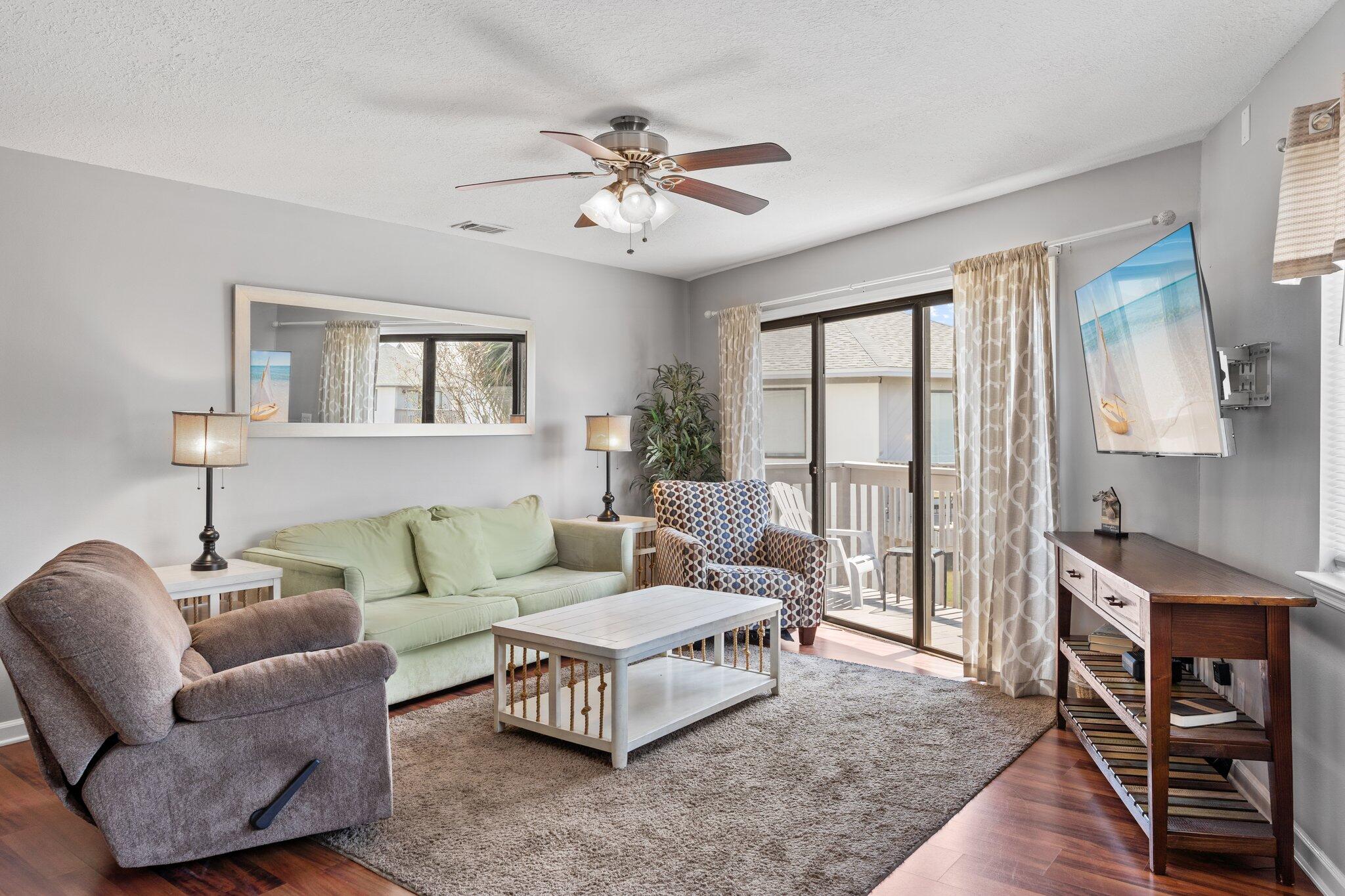 This top floor, fully furnished, and newly painted unit at Crystal Village located just 2.5 blocks from the spectacular South Walton beaches and Pompano Joe's beachfront restaurant! Never miss a sunset with a spacious private deck overlooking perfectly manicured grounds and a community pool, one of two at Crystal Village. This unit is the perfect vacation rental as the second bedroom includes bunks and an owner's closet as well. Crystal Village is perfectly located between Scenic Hwy 98 and the main Hwy 98, with easy access to all of the restaurants, shopping, and of course the world class beaches that this area is famous for! Come take a look. Roof was replaced in 2023. Buyer to please verify all information contained herein.