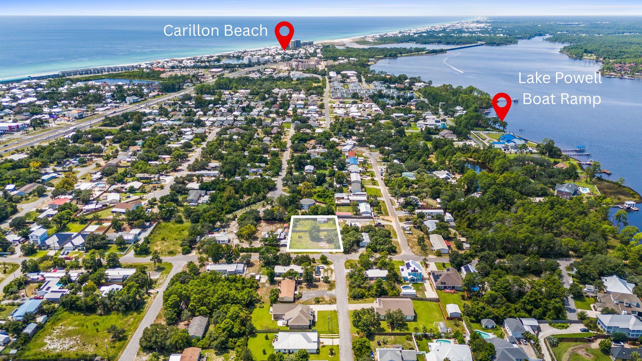 Rare west end opportunity! This oversized 120' x 174' lot (nearly half an acre) with no HOA offers the flexibility to build your private coastal retreat or subdivide into two or three home sites. Tucked into a quiet neighborhood yet just minutes from the Gulf, this property is ideal for a primary residence, vacation getaway, or short-term rental investment. Enjoy the best of the beach lifestyle with easy access to the Lake Powell boat ramp and multiple public beach accesses, plus close proximity to 30A, Inlet Beach, Rosemary Beach, Pier Park, dining, and shopping. With land availability shrinking on the west end, opportunities like this are few and far between, making 627 Gainous Drive a prime choice for homeowners and builders alike.