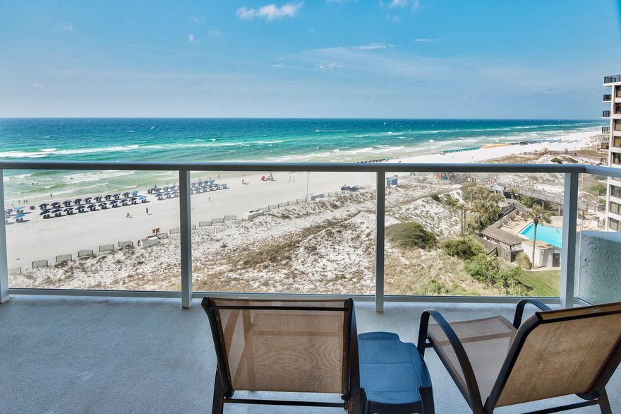 Step into this 8th floor one bedroom, one bath beach front oasis with expansive views of the Gulf of Mexico. Bamboo wood flooring flows through out the entire condo for easy maintenance and cleaning. The kitchen has granite counters, custom cabinets and stainless steel appliances for a sleek modern look. The master bedroom is complete with king size bed and en suite bathroom. Enjoy sunrises and sunsets from the large private balcony looking out towards the white sugar sands and emerald waters of the gulf. Beachside Two owners enjoy access to the private pool, private dune walk over to beach, and covered parking.