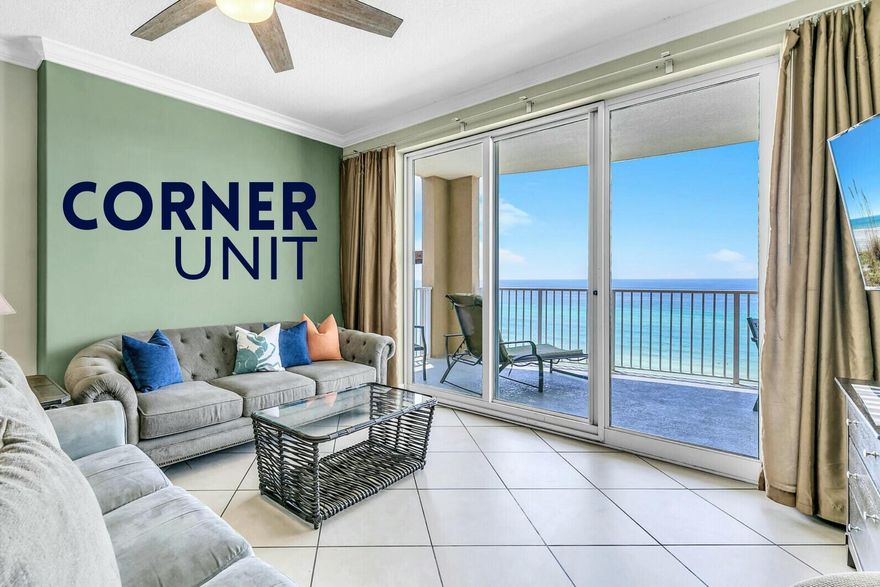 Escape to paradise in this partially renovated END UNIT beachfront condo in Panama City Beach! Here on the guest-preferred 8th floor the views are stunning, the noise from the pool deck is far away, and the elevator ride is manageable. The highlight is the enormous oceanfront balcony - perfect for quiet sunrise coffee or gathering for sunset cocktails. Wake up to breathtaking ocean views from your oceanfront primary suite. Guests will love the privacy of their own ensuite bathroom in the second bedroom. Enjoy beach friendly features like granite countertops and easy-to-clean ceramic tile throughout. Investors: ask about the solid rental history, and buy low before the building is freshly painted this summer at no cost to owners. The Ocean Villa building offers oceanfront pools, a fitness center, and a prime location within moments of dining, shopping, and activities. Convenience is key with beachfront parking, an additional private parking garage with a skywalk, keypad locks, and an extra storage closet. Dreaming of the beach life? Check out Ocean Villa #806 on Florida's beautiful Emerald Coast. 