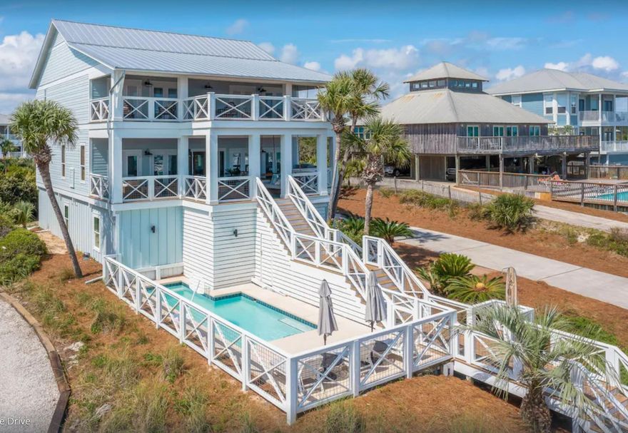 WELCOME HOME to your quintessential Beach Retreat. BAHAMA BREEZE has it all: panoramic Gulf views, unbelievable living, dining, entertaining, relaxing: Gulf Coast living at its finest. Just steps to boardwalk leading to white sand & emerald water. Renovated with the utmost sophistication while maintaining the relaxed coastal vibes. Excellent investment opportunity. Bahama Breeze sleeps 25 but with a thoughtful floor plan, all guests have privacy and plenty of outdoor relaxation. Make forever memories in the spacious open concept living, dining, kitchen area with spectacular Gulf views, a gourmet Chef's kitchen, dining al fresco on the fantastic balcony or just being with friends.  Wonderful outdoor areas including heated pool and multiple porches provide relaxation after a day in the Gulf The first floor's casual living room is a great spot to unwind or gather before heading out to explore 30A. An air hockey table, games, and TV will keep all your guests entertained - even on those rare rainy days. Past the living room, two guest bedrooms share a bathroom with shower. One has 2 queen beds, and the other has 2 twin-over-twin bunk beds. Guests will appreciate the convenience of a kitchenette and laundry room on the first floor.

On the second floor, guests can choose between a bedroom with 2 twin beds perched above a king bed with an en-suite bathroom with shower or a guest bedroom with full-over-full bunk beds. The bunk room bathroom has a shower and is in the hall outside of the bedroom. A laundry room has a washer, dryer, and a second refrigerator for all those beach drinks. A bright and airy open-concept living and dining room overlooks a large galley-style kitchen. The kitchen's premium stainless-steel appliances, dual ovens, wine cooler, and long marble countertops provide ample space for everyone to mingle and share stories of their wonderful day they have had at the beach! A tabby fireplace surrounded by plump sofas is an ideal gathering spot for afternoon cocktails. Enjoy toasting sunset from an outdoor living room while barbecuing at the grilling station. A bed swing and bright, cheerful cushioned chairs frame the stairs that lead down to the beach access and pool area.

On the third floor you will find 3 primary suites. The first primary suite has a king bed with a full sleeper sofa, flat-screen TV, desk, and en-suite bathroom with a soaking tub and separate shower. Double doors open onto a balcony. Two additional primary suites also have king beds with full sleeper sofas and en-suite bathrooms with showers only. The balcony offers a more private space to sunbathe and breathe in the fresh, salt air. Recline on the swinging bed or snuggle up for a late-night chat underneath the stars.

After a sunny day at the beach, come home to a relaxing float in your private pool. Outdoor spaces provide ample room for privacy or large gatherings. 2nd floor balcony is 22x36 with grilling station, large dining area and several areas for lounging and enjoying the gorgeous Gulf views. 3rd floor balcony is 21x40 and offers a quiet and relaxing retreat for enjoying those spectacular sunsets on the Gulf.

Premier location in Grayton Beach with shopping, restaurants and all the fun of Scenic 30-A just a walk or bike ride away. Gulf Trace is bordered by Grayton State Park, one of the area's most prized and renowned parks. The best of both worlds with the emerald water, white sands of the Gulf and the scenic state park and rare Coastal Dune Lake. Start living your DREAM where every day is a weekend. All information deemed correct but should be verified by Buyer.