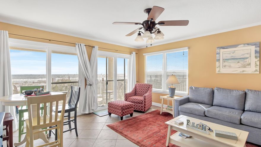 Absolutely beautiful fully furnished rental ready corner ground floor unit with unobstructed emerald coast gulf views! This one bedroom 1.5 bath (Jack & Jill bath) with a hallway twin day bed and queen sized sofa bed has been renovated with custom built (soft close) cabinetry, linen closet, cabinets in baths and above bunk, storage under bunk, stainless steel appliances, built in microwave and all tile flooring. Also storm enforced sliding glass doors with hurricane shutters. (See interior list in documents) It is close to shopping, golfing, a 14,000 acre state park for hiking and a walk/bike path along Highway 30-A.  You will have one designated parking space. Relax and enjoy this beautiful, well maintained beach home!