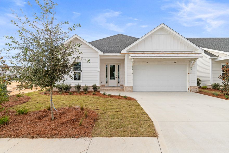 Introducing the Alana II by Huff Homes -- a newly expanded, single-level coastal residence that perfectly blends luxury design and effortless livability. Located in Longleaf Park at Watersound Origins, this home features 2 bedrooms, 2 full baths, and a private office/flex room, offering thoughtful flow and refined detail across 1,560 square feet of heated and cooled space, and estimated to be complete December 2025.Step inside to find 10-foot ceilings, 8-foot raised panel interior doors, luxury vinyl plank flooring throughout, and an open-concept great room ideal for both relaxing and entertaining. A chef's kitchen includes quartz countertops, wood cabinetry with soft-close features, tiled backsplash, stainless steel Bosch appliances, with a luxury upgraded gas package for the dual fuel range, a tankless water heater, and exterior gas stub for grilling. Additional features include under-cabinet lighting, melamine closet shelving, laundry room cabinetry, crown molding, ceiling fans, recessed lighting, and an attic pull  down for convenience and storage.

The owner's suite is a serene retreat featuring a tiled shower, quartz-topped dual vanities, and a spacious walk-in closet. 

Step outside to a screened porch with heirloom brick flooring, a peaceful oasis for morning coffee and the ideal complement to the home's indoor-outdoor coastal design.

This residence is offered at all-in pricing to include upgrades and lot premium, ensuring every detail reflects Huff Homes' standard of craftsmanship. 

Situated near the front of the community, Longleaf Park offers convenient access to the Watersound Town Center, including (but not limited to) the area's largest Publix, community events, local restaurants, and shops.

Residents of Watersound Origins enjoy access to unmatched amenities, including the Village Commons zero-entry pool, fitness center, sports courts, playground, dock access to Lake Powell, and unlimited access to the Origins Golf Course, along with miles of scenic trails and more.