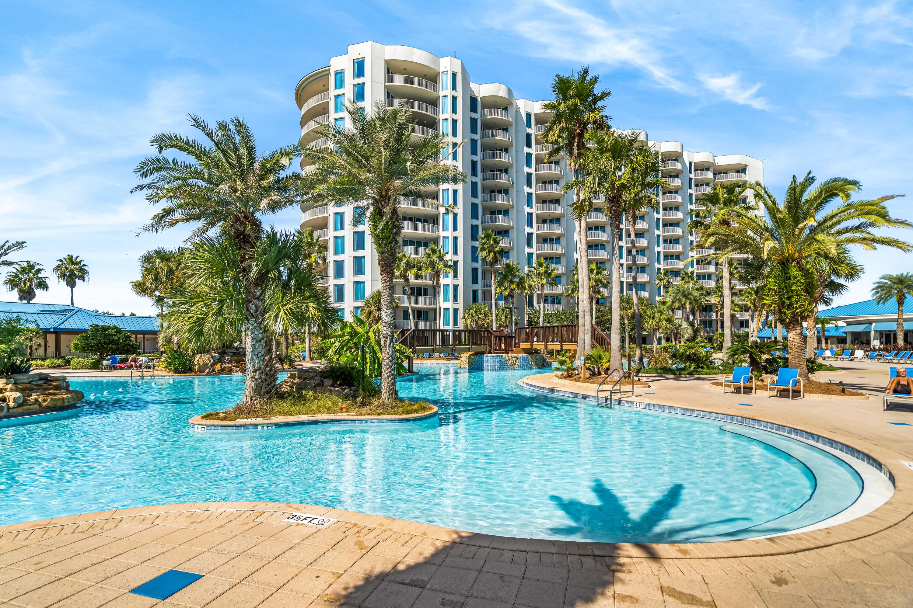 2024 RENTAL ACTUALS $50k! Overlooking the city of Destin and the Gulf, this chic two bedroom with the LARGER floorplan SLEEPS 8 in the Palms of Destin. Observed from the 3rd floor, West facing, this open concept condo has a Master King suite, a guest room occupying TWO Queen beds and a Queen sleeper sofa. Enjoy those relaxing afternoons on the expansive veranda or head to the coffee lounge or Good Vibes Bar in the Palms Resort. The amenities go on to include Destin's largest lagoon pool with waterfalls, a kids pool, hot tub, splash pad, playground, fitness center, arcade games, tennis and basketball courts! Complimentary shuttle service takes you to Destin's beautiful emerald waters and sugar sand beaches. Snag this rental dream at the beach before it's gone!