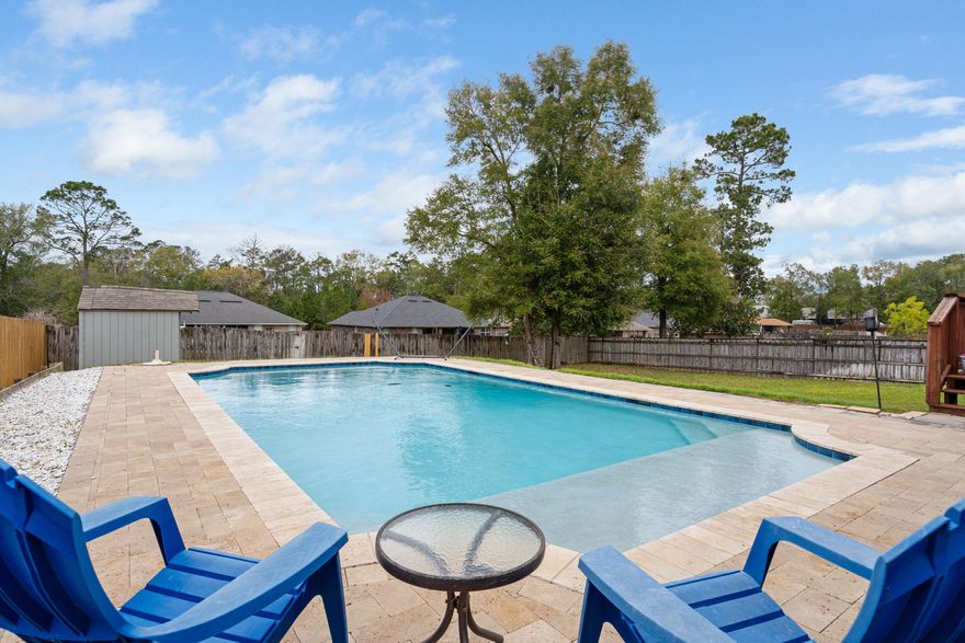 Assumable VA available 3.750%.Perfect Backyard for the summer with a pool to boot! This neighborhood is filled with stroller pushers and dog walkers!This beautiful brick home comes with 4 bedrooms/3 baths and a three-car garage. Home features an open concept with a split floor plan, stainless steel appliances, granite counters in the kitchen, sprinkler system and low county taxes.Master bath has a beautiful, updated tile shower and additional storage!  This home also has a fireplace with a raised hearth. Relax in the back yard on the large covered back patio and enjoy the saltwater Gunite pool!!!