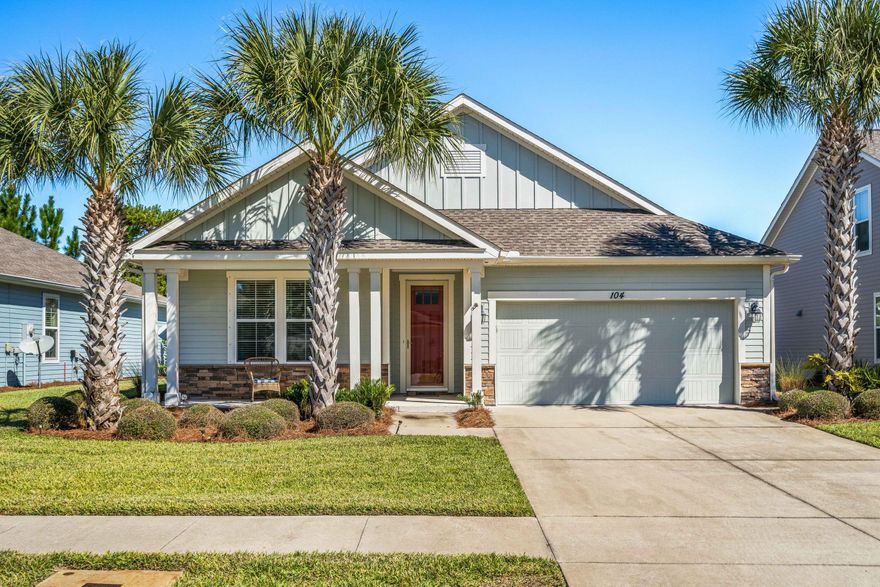 Step into this charming one story, Craftsman style home located in Whisper Dunes. As you walk though the front door, you are greeted by a long foyer that opens onto an open concept living room and kitchen will not disappoint. Two bedrooms and a full bathroom are located off the foyer to the left. The neutral color palette mixed with tons of natural light create a calm, inviting space. Overlooking the main living space, the kitchen features granite counter tops and stainless steel appliances with