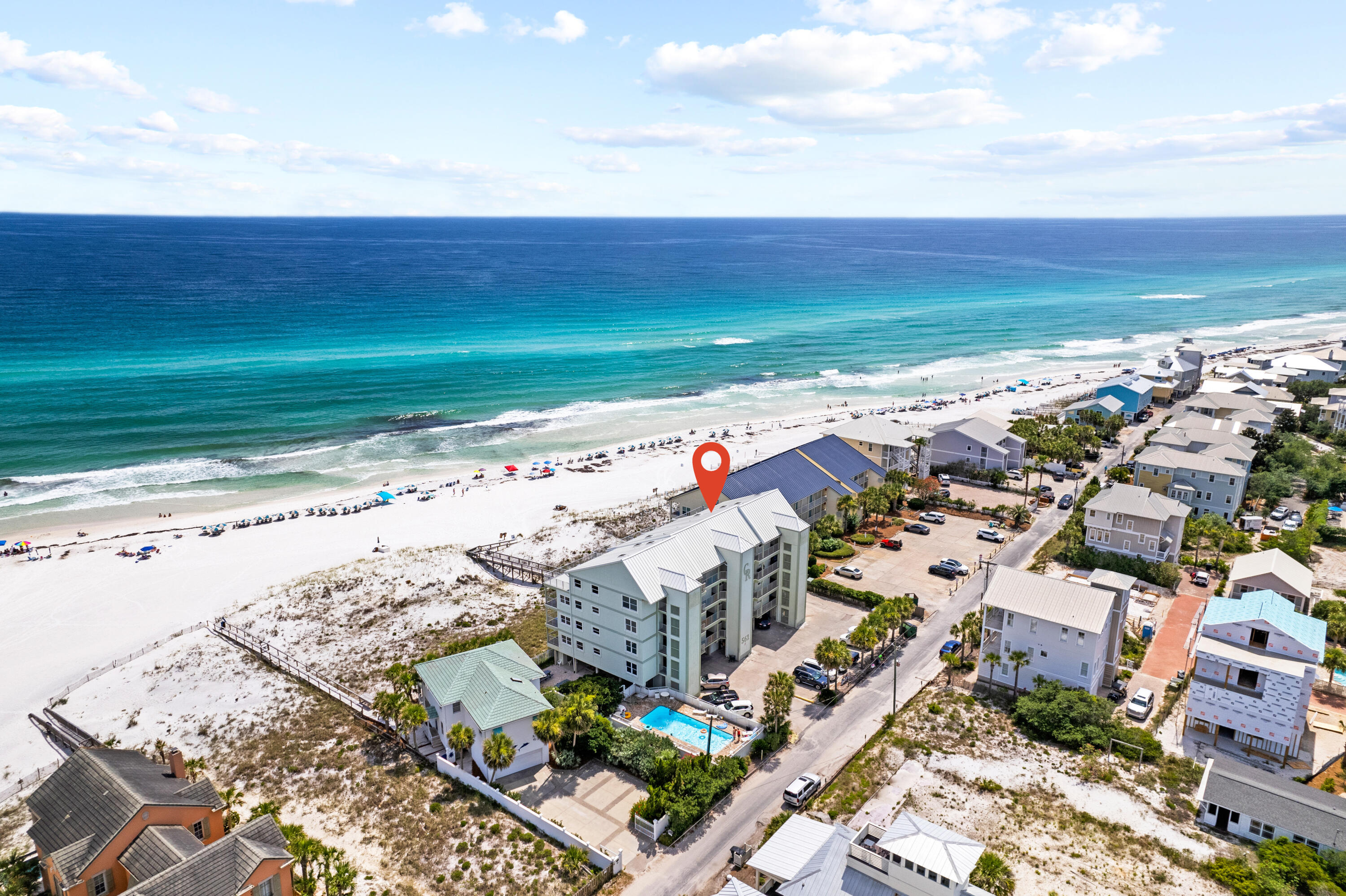 Rare 2 bedroom GULF FRONT condo in the heart of Seagrove Beach! This two bedroom, two bath with queen-sized sleeper sofa offers expansive views from its kitchen, living area & private balcony. A proven rental history makes this unit a strong investment property with projections exceeding $75,000 annually. Commodore's Retreat is a low density 24-unit development in Seagrove Beach adjacent to Eastern Lake and a short bike ride to Seaside. Amenities include a pool, private beach access, new BBQ area, elevator, covered parking space and private storage unit, along with a recently added owners only golf cart parking area. The exterior of Commodore's Retreat was completely renovated with new hurricane impact glass windows and doors, exterior stucco, railings, balconies and sprinkler system.