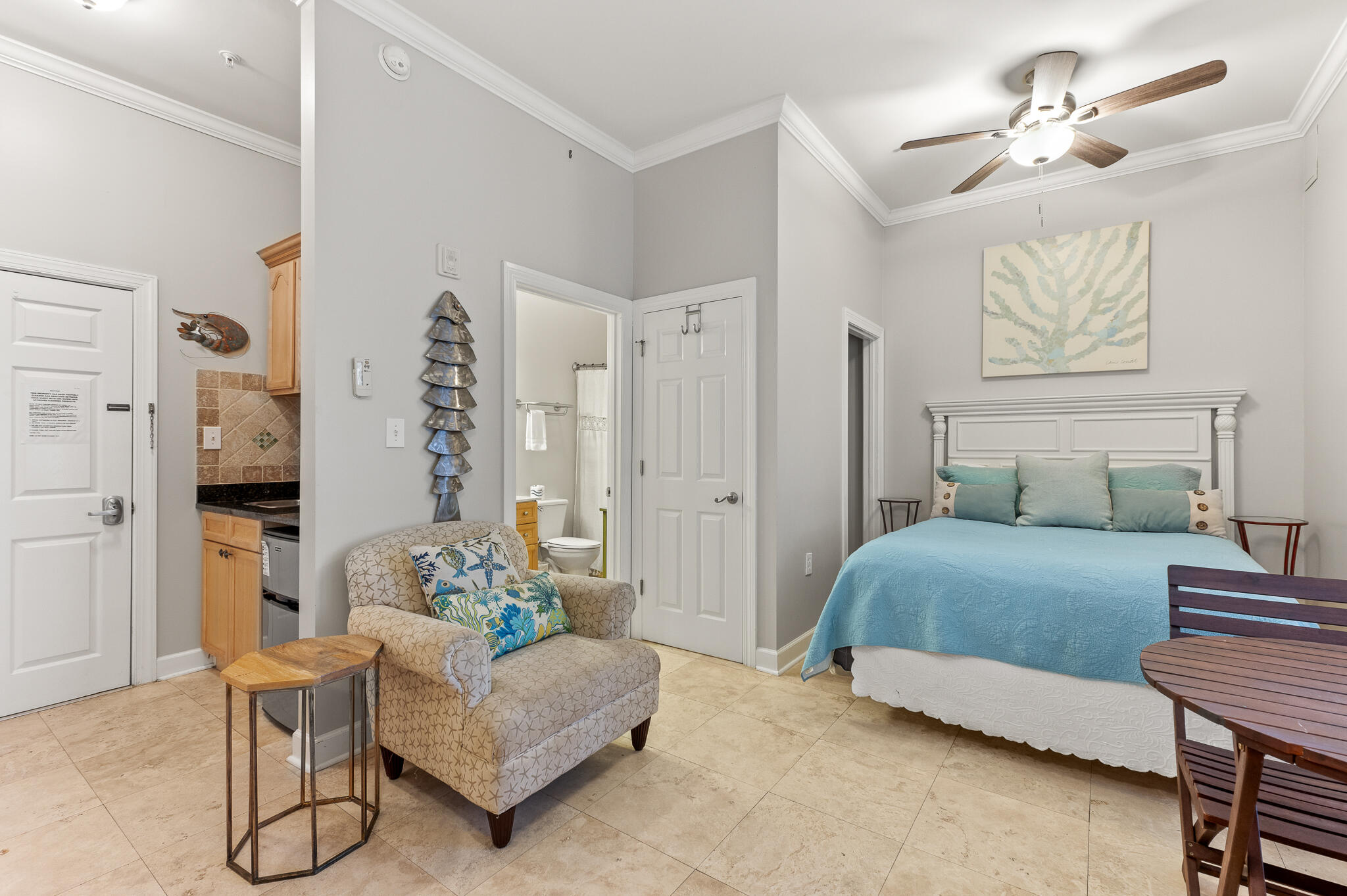 This adorable studio is conveniently located in the Village of South Walton in Building H. Beautifully and tastefully decorated, this unit has everything you need to enjoy your stay, including a queen bed, sofa, bistro table, and flat screen TV. Location makes this a great beach retreat as it is in the heart of the action, just a few feet from both pools and a few yards to Rosemary Beach. This unit features a kitchenette with refrigerator, sink, microwave, coffeemaker, designer cabinets, granite counter tops and full bath. The Village of South Walton community offers two heated pools, tram service to the deeded beach access, restaurants, bike rentals and boutique shopping.