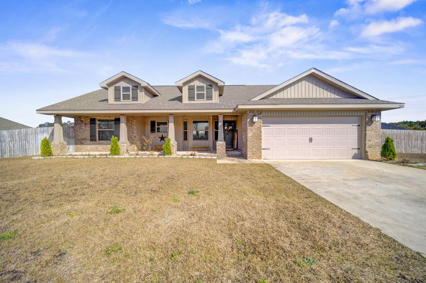 Welcome to the beautiful St. Charleston Place subdivision, featuring spacious lots, professional landscaping, and sprinkler systems. This stunning ranch-style home sits on a .34-acre corner lot and offers 1,605 sq ft with 3 bedrooms and 2 bathrooms. The open floor plan is ideal for entertaining and includes upgraded flooring throughout the main living areas, with carpeted bedrooms. The kitchen features granite countertops, and the home offers a 12x20 covered back porch and a spacious backyard. Additional highlights include a Craftsman elevation, four-sided brick exterior, and an upgraded primary bath with separate shower and soaking tub with window. Built to hurricane wind-load resistance codes.