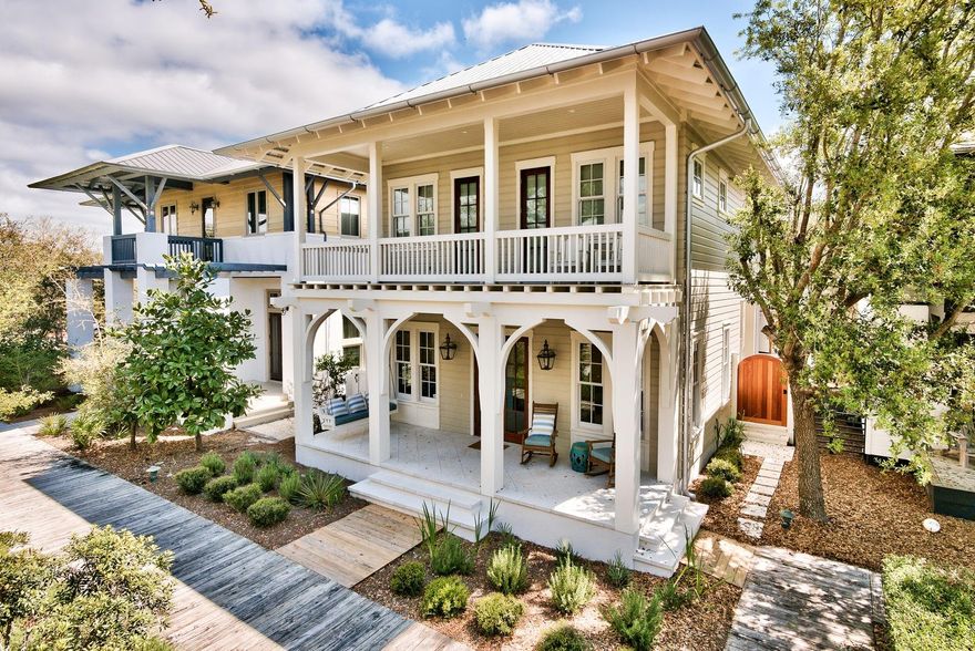 Absolutely pristine and never rented, this gorgeous Rosemary Beach home is steps from the new Owner's Club and stunning. Designed by Jazayeri Design and built by Watercrest Homes, the interior design is simply perfect. Entering the property through the courtyard you're welcomed by soothing water features which create calmness. The courtyard and outdoor kitchen are perfect for leisurely gatherings. On the inside, vintage walnut hardwood floors are present throughout. The kitchen is a chef's dream, sitting adjacent to the living room and dining area. There are two master bedrooms, one on each floor. A cozy sitting area on the second floor is also ideal for winding down after a beach day. A sitting porch off the dining area on the first floor sits right on the boardwalk allowing you to watch