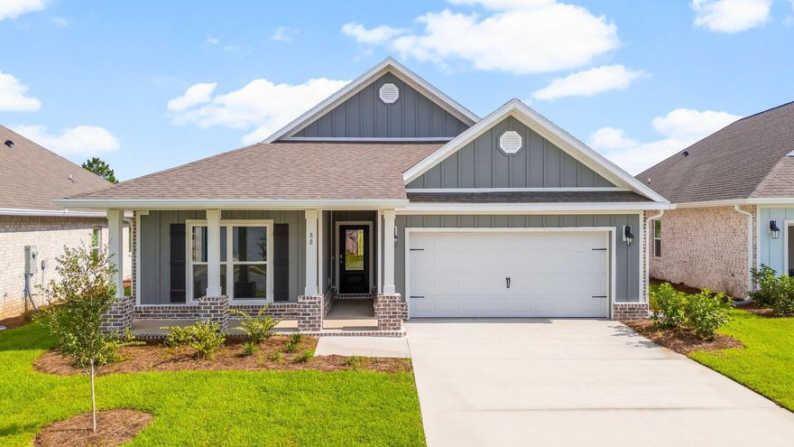 Welcome to the 80 Gray Owl Drive W, a new home at Owl's Head Farms in Freeport, Florida. This home has a large covered front porch.  The front entry hallway leads to a light-filled open-concept living area with 9' ceilings. The kitchen impresses with quartz countertops, undermount single basin sink and a dedicated water filter faucet. stainless steel appliances, and a large center island with bar seating overlooks the great room. Brushed nickel fixtures are throughout the home and include a lifetime warranty.  Adjacent to the kitchen is the dining area perfectly positioned for meals and gatherings, while the living room's wide layout invites relaxation and socializing. The primary bedroom, set at the back of the home, offers a serene escape with a luxurious bathroom featuring a double vanity, a walk-in shower, and two generously sized walk-in closets. Three additional bedrooms and a full bathroom are located in a separate wing, ensuring privacy for family or guests. The interior features EVP flooring throughout the living area and carpet in each bedroom.
  

Rounding out the home is an oversized covered patio, ideal for enjoying Florida's sunny days, and a convenient laundry room. This home has Smart technology including 5 Deako smart switches, Kwikset keyless entry and a programmable thermostat that can be controlled though an app on your phone.  The Delray's combination of space, style, and practicality makes it a perfect fit for any family. 