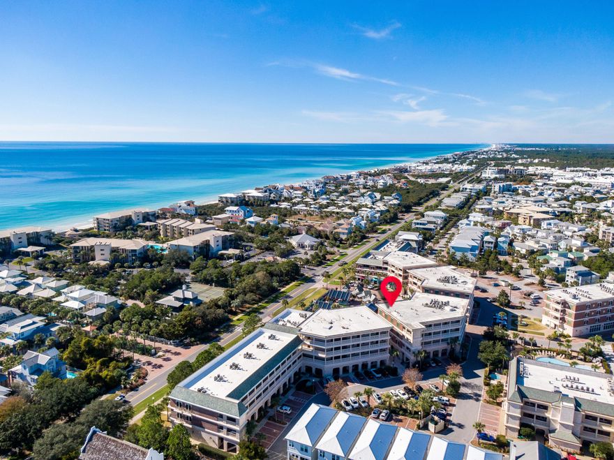 Breathtaking luxury end-unit penthouse with deeded beach access in the Villages of South Walton nestled directly on 30A between Alys Beach & Rosemary Beach. Spectacular views from a large balcony overlooking the iconic 30A bike path and the live music, shops, & restaurants of Peddler's Pavilion. Peek-a-boo views of the glowing Gulf of Mexico. Elevator delivers you within steps of the Village's pools, spa, bbq grills, & beach tram stop. Beautifully decorated in beach-chic style. Stainless steel appliances, luxury vinyl plank flooring, & full size stacked washer/dryer. Single level floor plan offers generous sized bedrooms with king primary bedroom, queen secondary bedroom, and triple bunk (top, bottom, & trundle) tertiary bedroom.  Sells fully furnished with all decor & supplies.